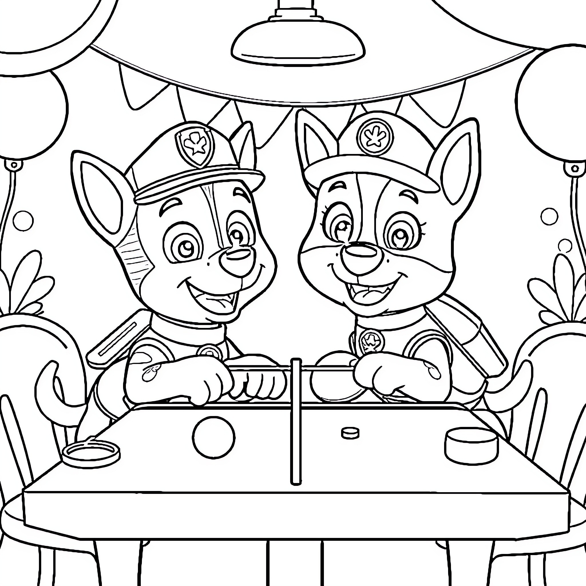 Marshal Pups Happily Playing in Carnival Scene Coloring Page (free black-and-white line drawing printable PDF for all, from beginners to advanced learners, including children, teens, adults, and seniors)