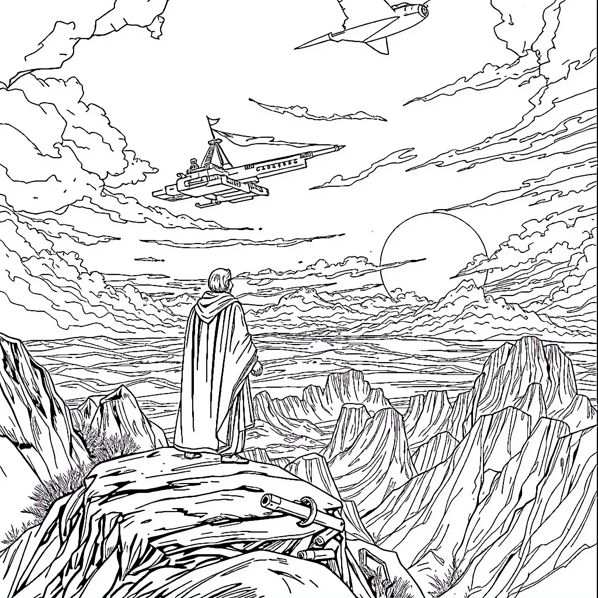 Noble 6 Observing Futuristic Spacecraft in Dystopian Landscape Coloring Page (free black-and-white line drawing printable PDF for all, from beginners to advanced learners, including children, teens, adults, and seniors)