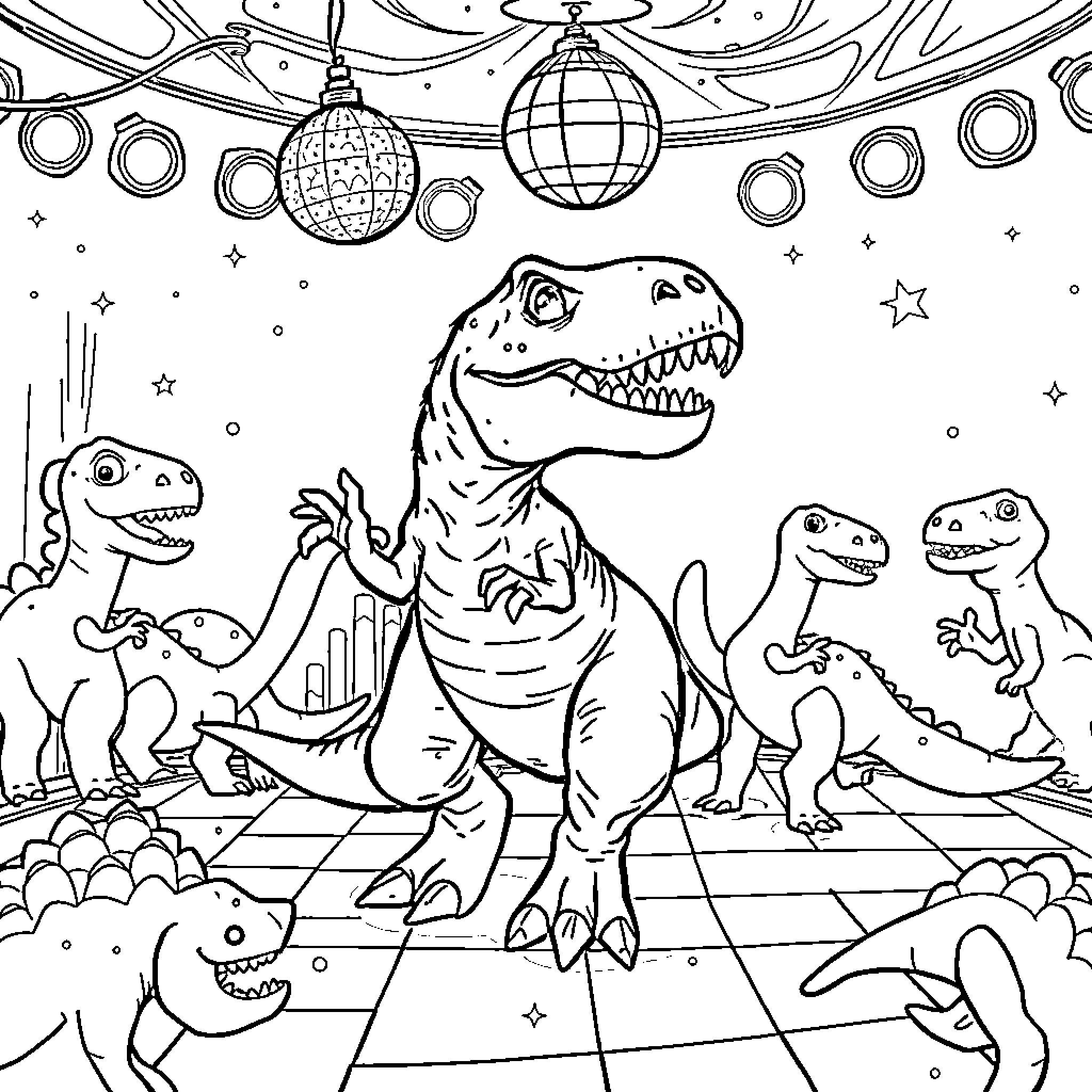 T-Rex Dinosaurs at a Disco Party Coloring Page (free black-and-white line drawing printable PDF for all, from beginners to advanced learners, including children, teens, adults, and seniors)