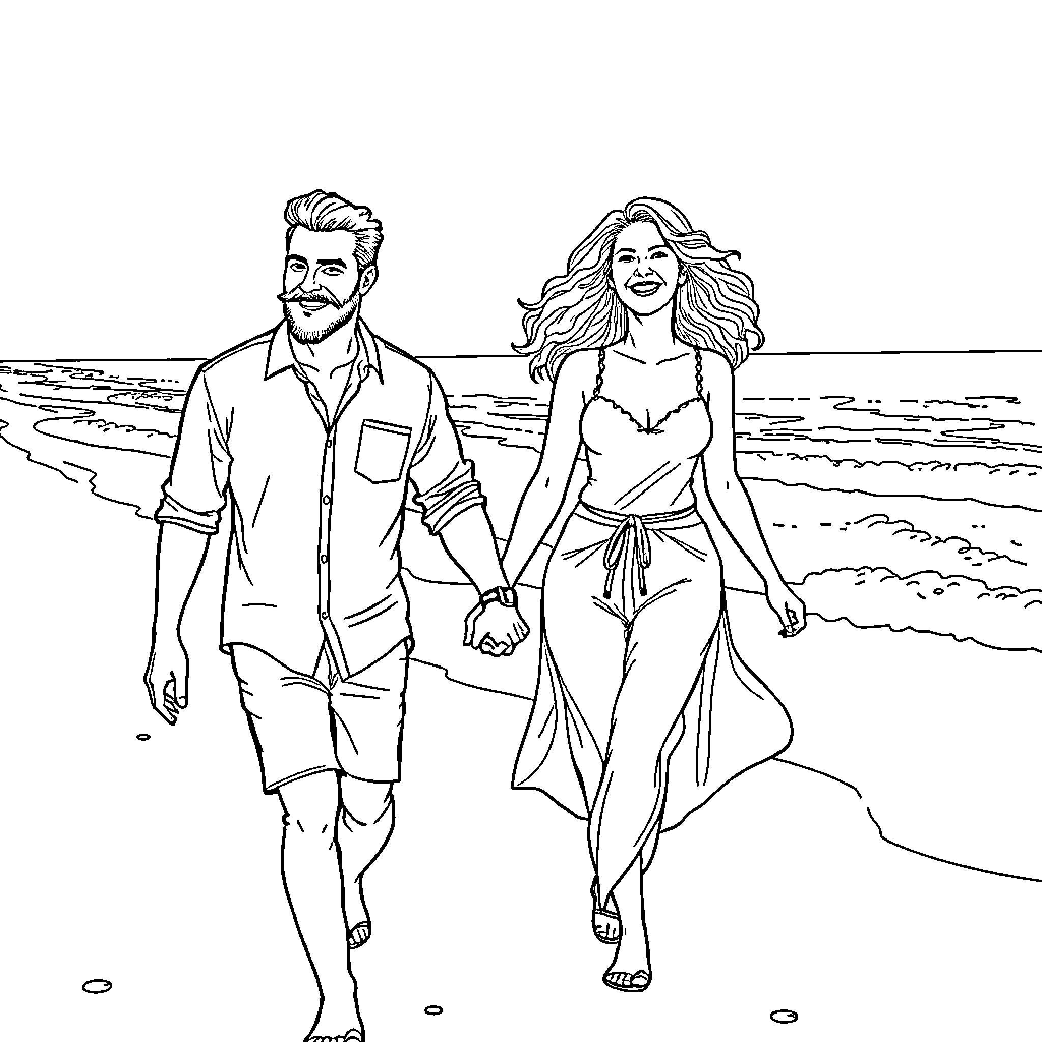 Man and woman walking together on the beach Coloring Page (free black-and-white line drawing printable PDF for all, from beginners to advanced learners, including children, teens, adults, and seniors)