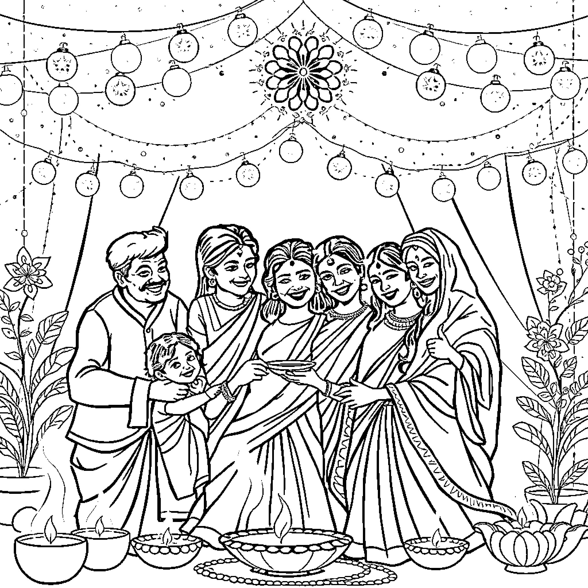 Family Celebration in Traditional Attire Coloring Page (free black-and-white line drawing printable PDF for all, from beginners to advanced learners, including children, teens, adults, and seniors)