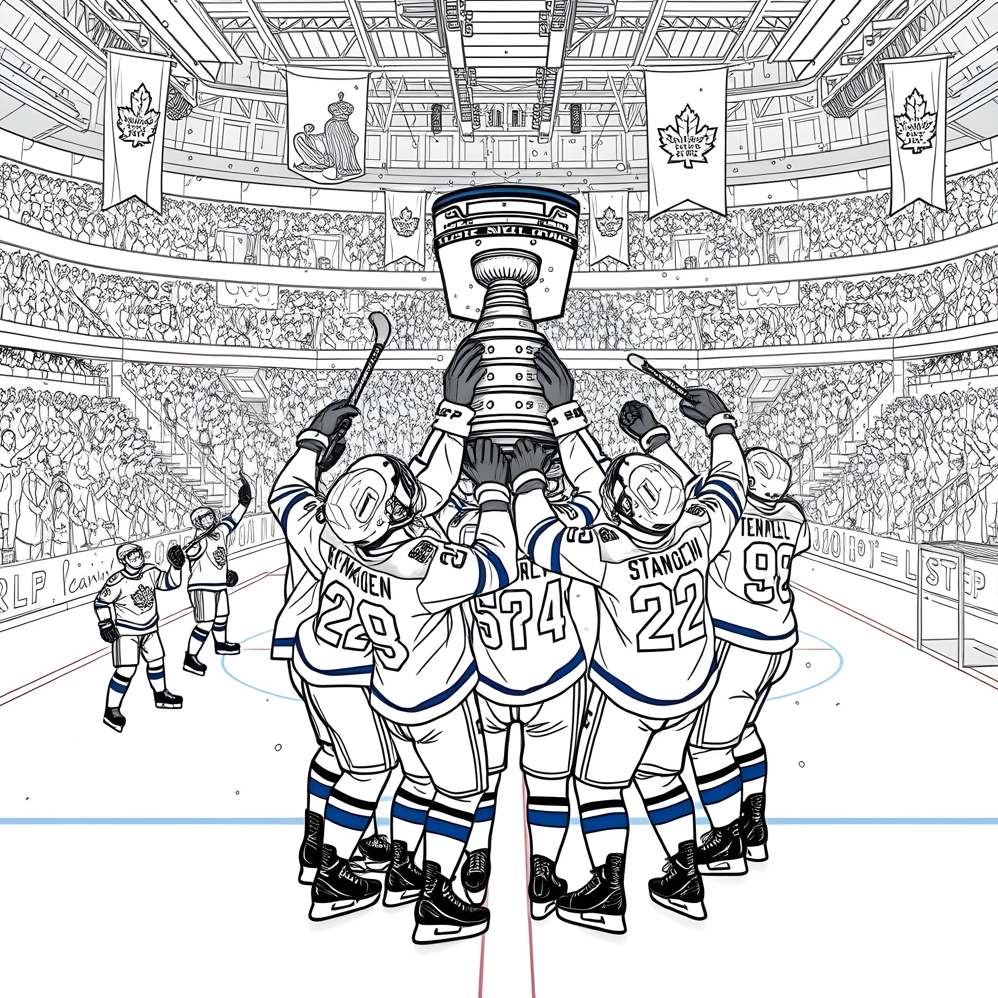 Maple Leaf Hockey Players Celebrate Championship Trophy Coloring Page (free black-and-white line drawing printable PDF for all, from beginners to advanced learners, including children, teens, adults, and seniors)