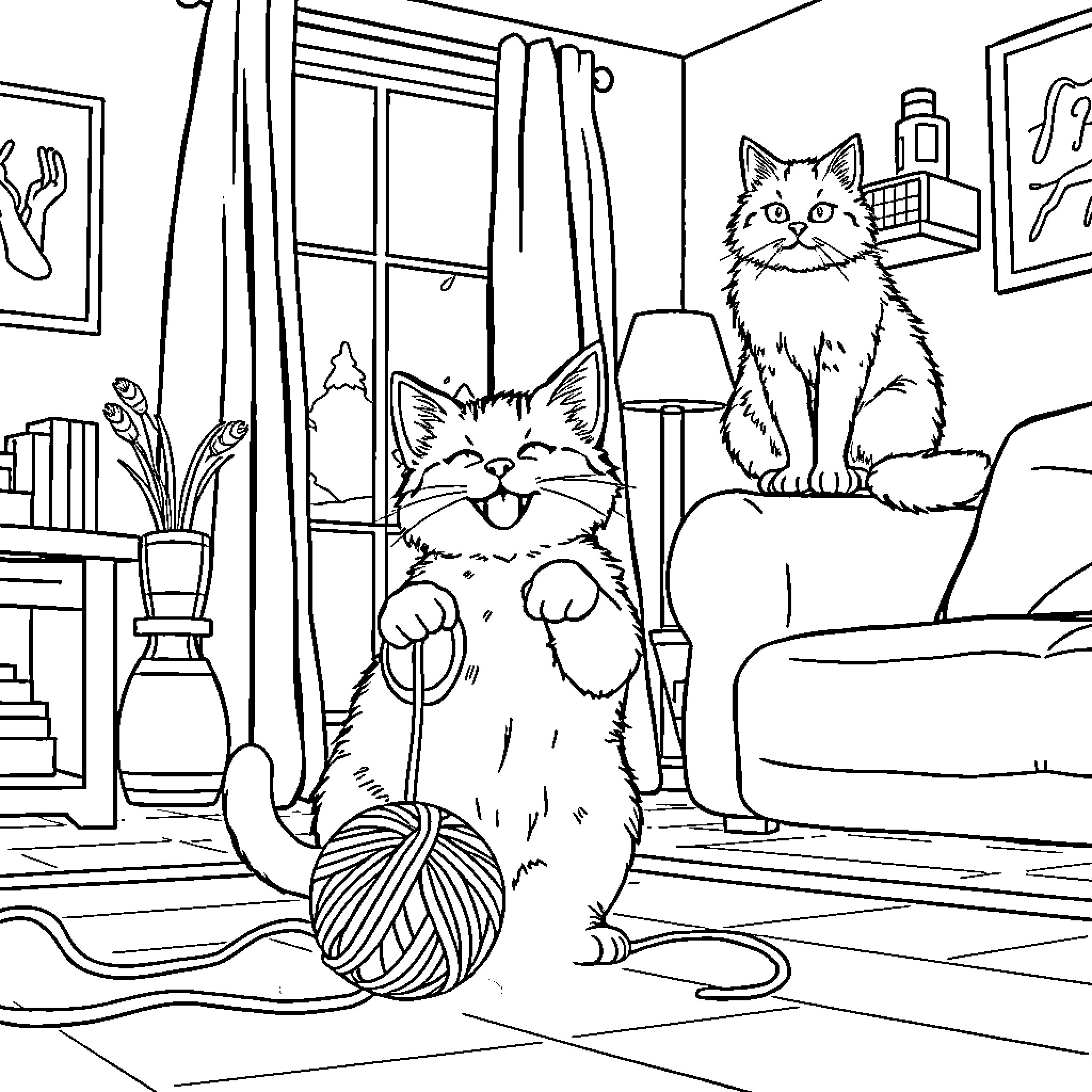 Cat playing with yarn in a cozy room Coloring Page (free black-and-white line drawing printable PDF for all, from beginners to advanced learners, including children, teens, adults, and seniors)