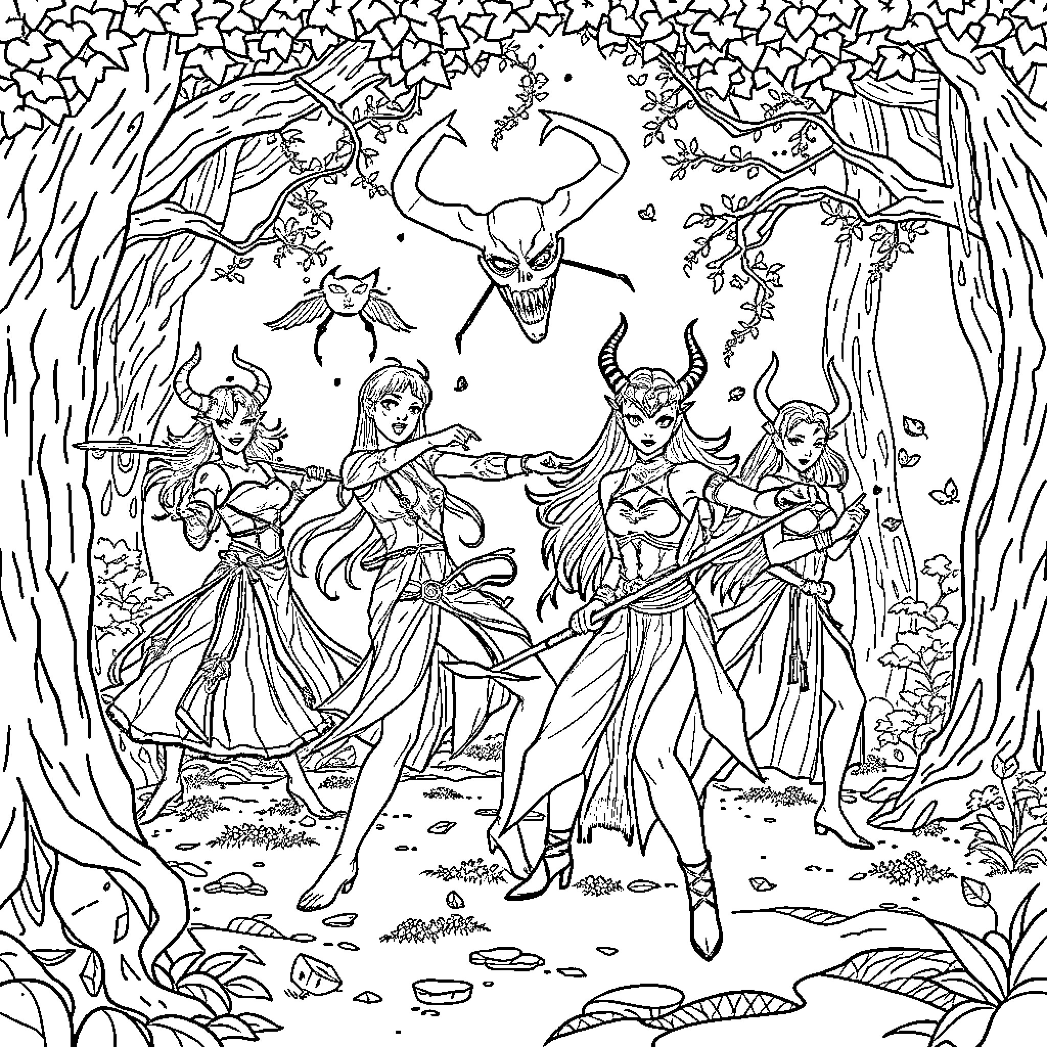 Demon Hunter Warriors Battling Otherworldly Foes in the Forest Coloring Page (free black-and-white line drawing printable PDF for all, from beginners to advanced learners, including children, teens, adults, and seniors)