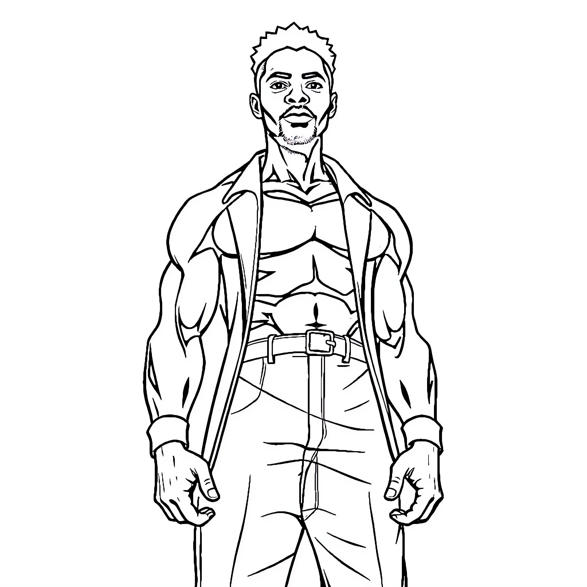 Man in muscular superhero pose Coloring Page (free black-and-white line drawing printable PDF for all, from beginners to advanced learners, including children, teens, adults, and seniors)