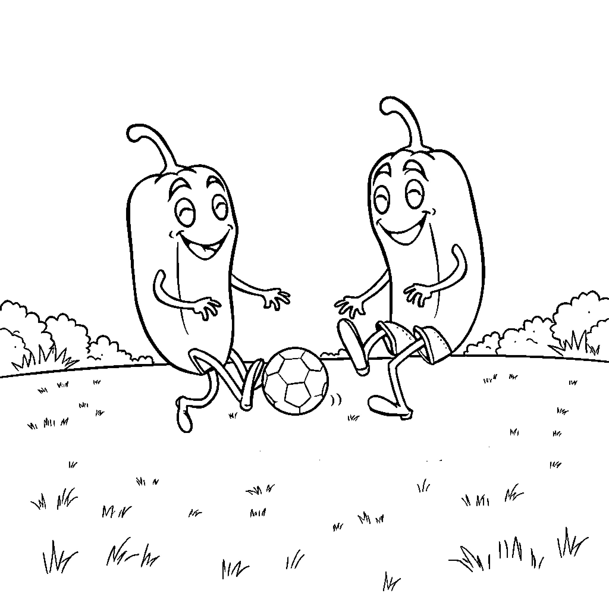 Jalapeno peppers playing with soccer ball in the park Coloring Page (free black-and-white line drawing printable PDF for all, from beginners to advanced learners, including children, teens, adults, and seniors)