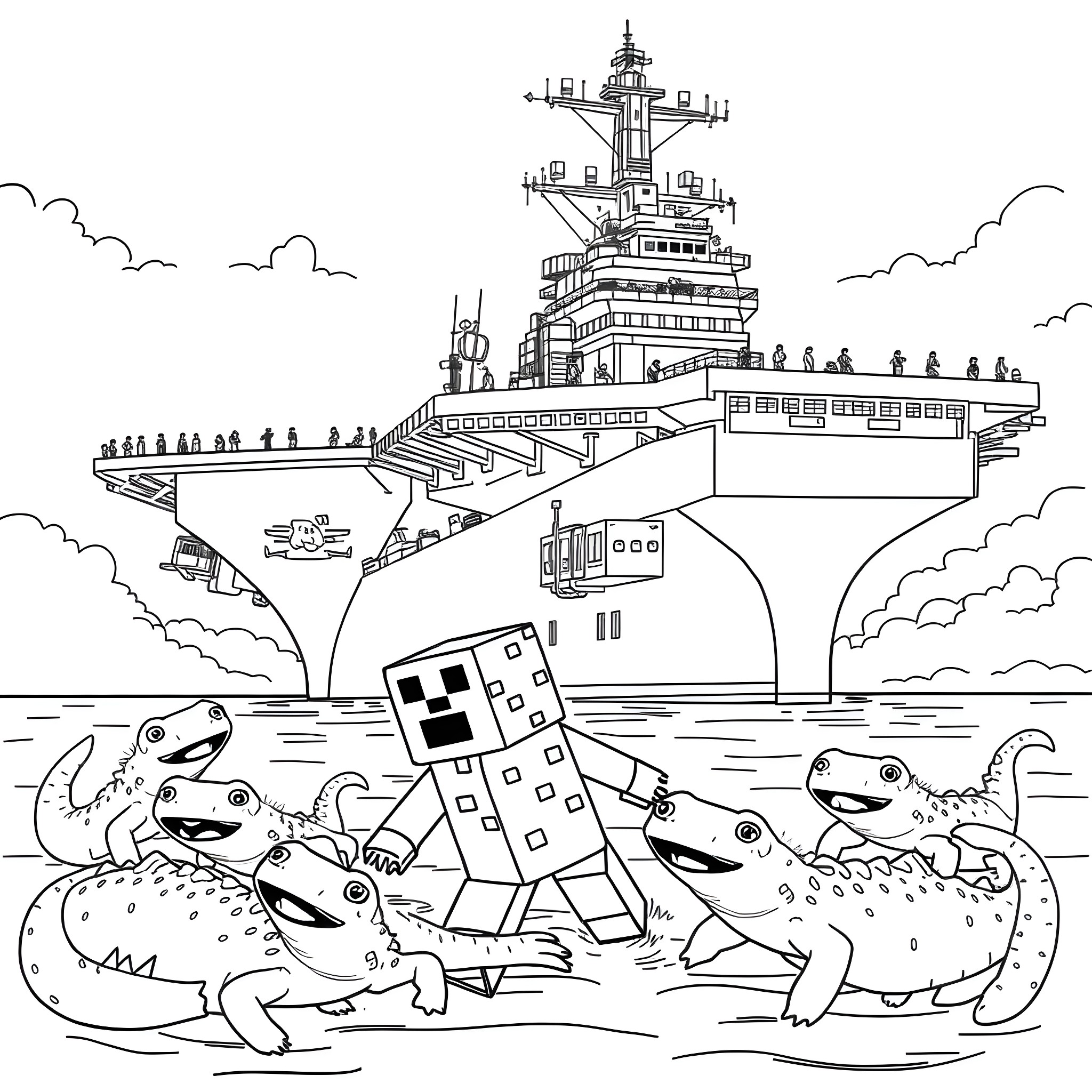 Creeper playing with friendly Godzilla-like creatures near futuristic warship Coloring Page (free black-and-white line drawing printable PDF for all, from beginners to advanced learners, including children, teens, adults, and seniors)