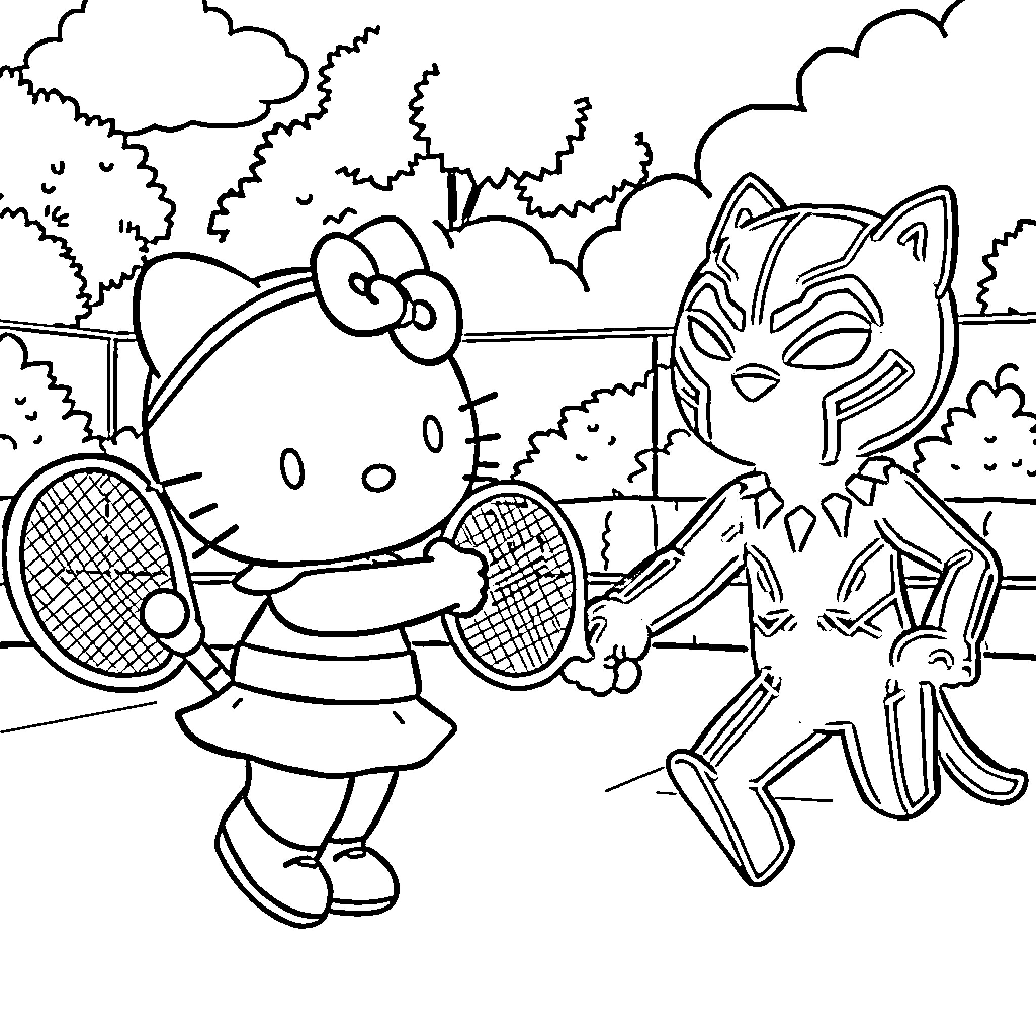 Hello Kitty playing tennis with Black Panther Coloring Page (free black-and-white line drawing printable PDF for all, from beginners to advanced learners, including children, teens, adults, and seniors)
