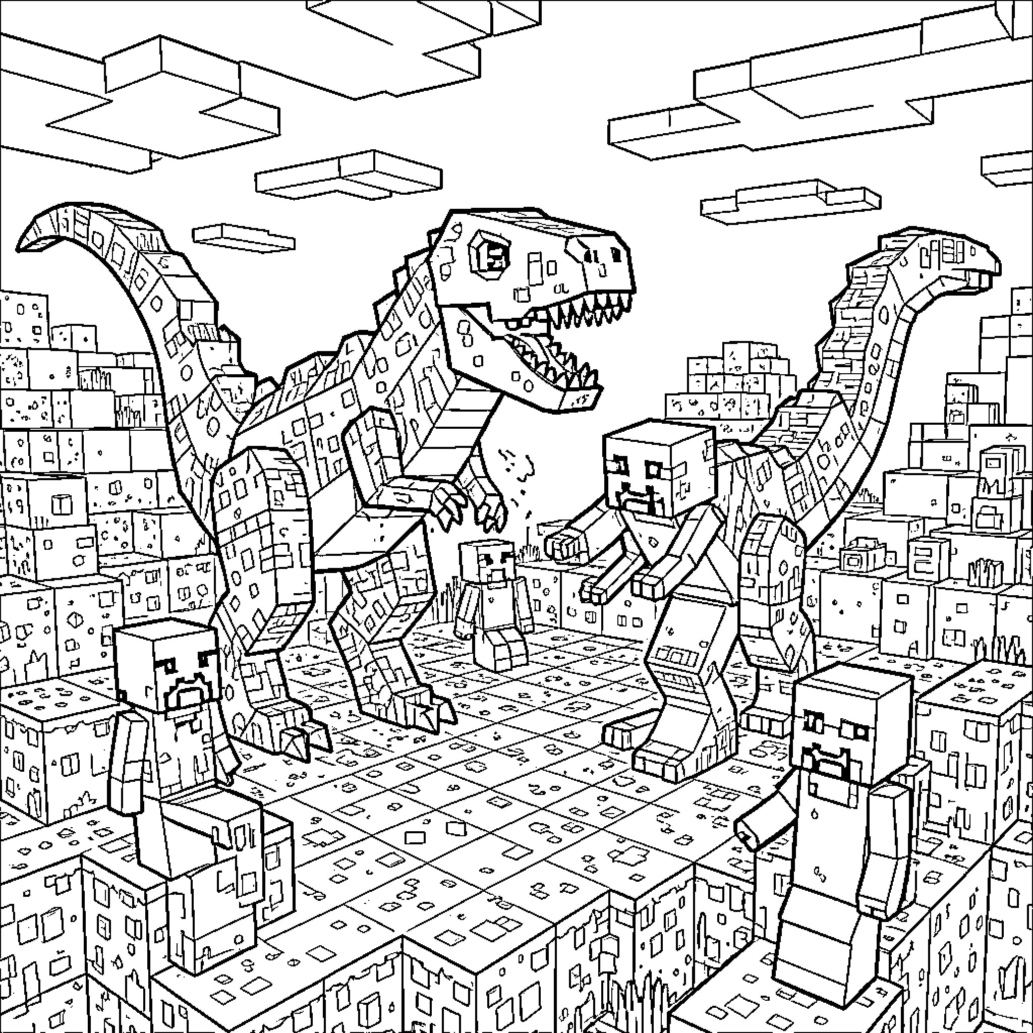 Dinosaur roaming through a blocky voxel landscape Coloring Page (free black-and-white line drawing printable PDF for all, from beginners to advanced learners, including children, teens, adults, and seniors)