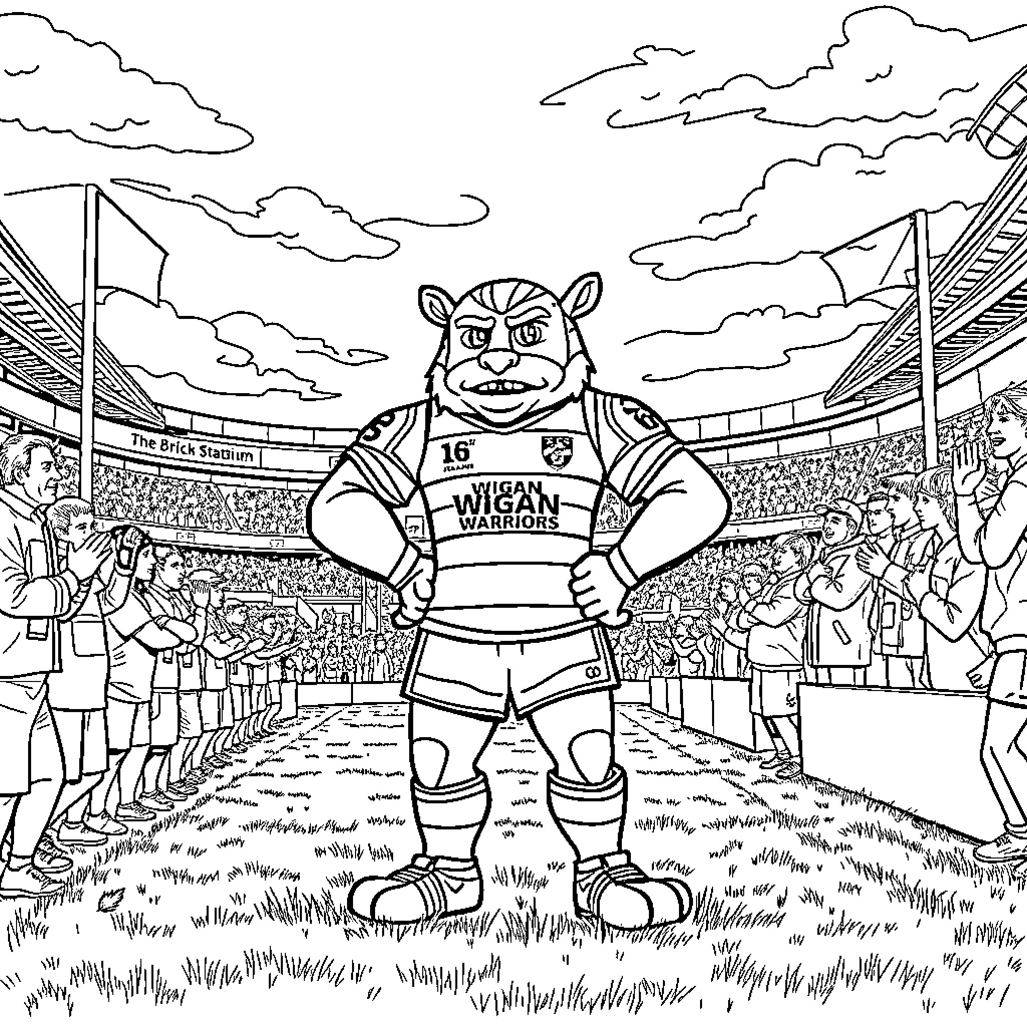 Mascot posing confidently on the sports field Coloring Page (free black-and-white line drawing printable PDF for all, from beginners to advanced learners, including children, teens, adults, and seniors)