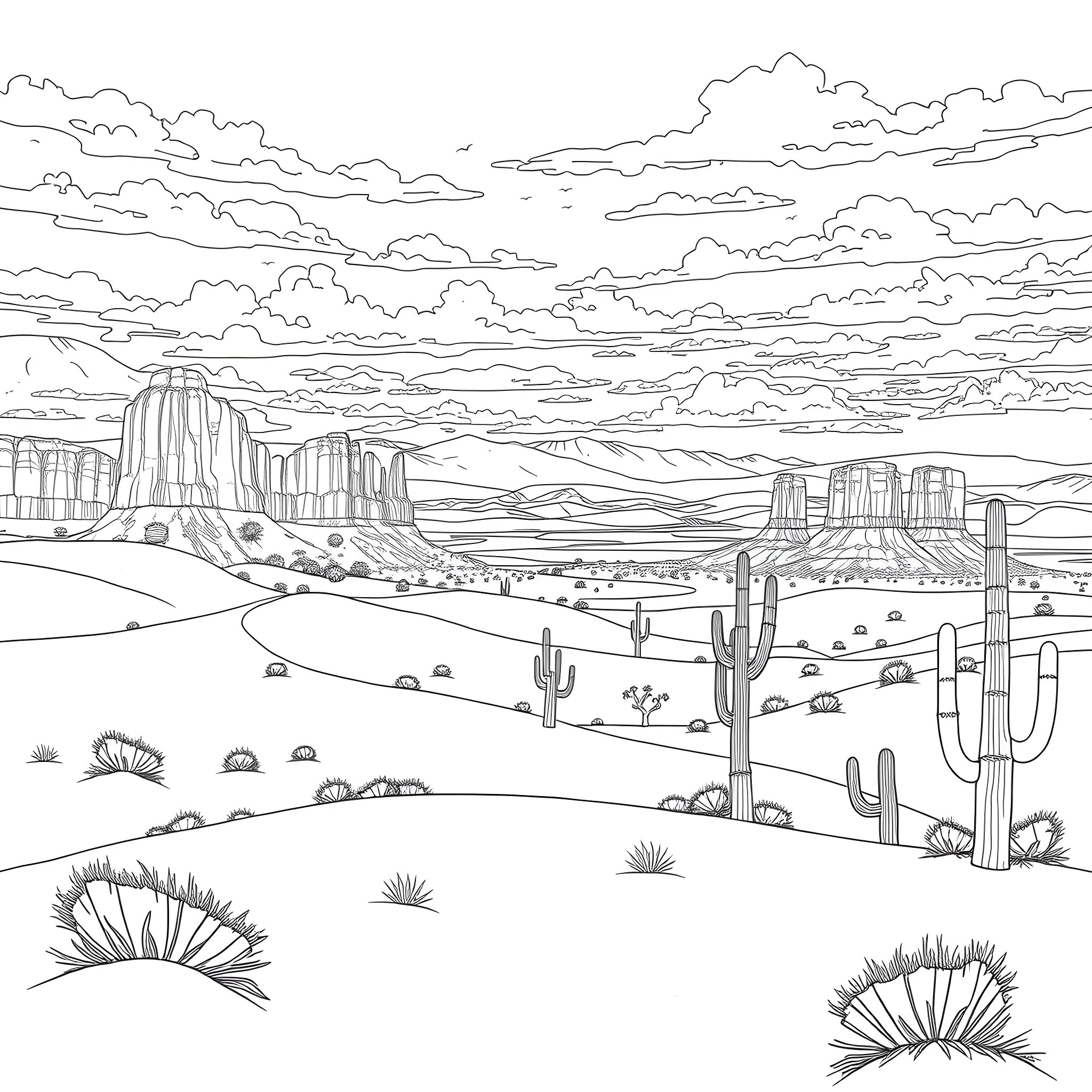 Nature scene of a desert landscape with mountains and cacti Coloring Page (free black-and-white line drawing printable PDF for all, from beginners to advanced learners, including children, teens, adults, and seniors)