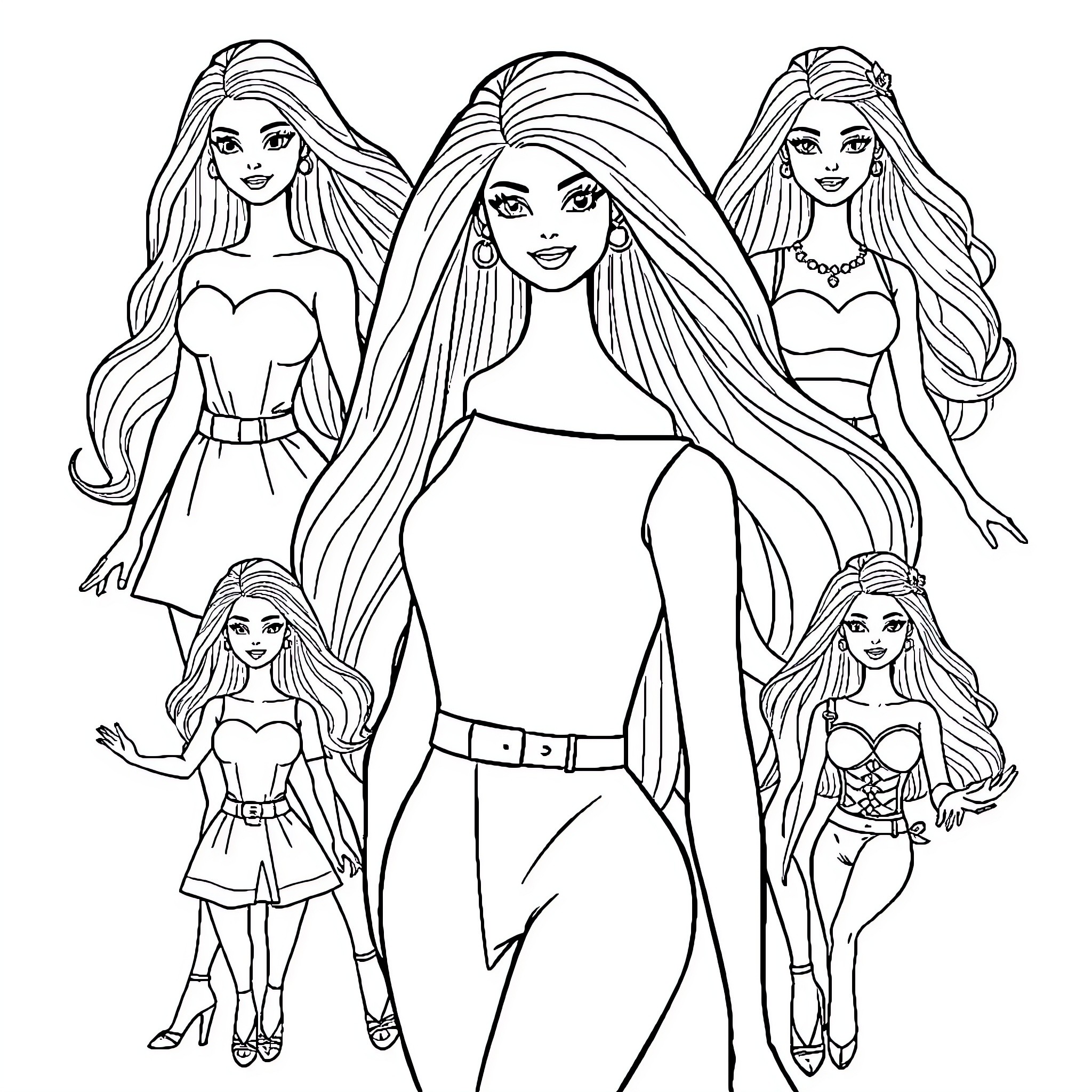 Barbie dolls with diverse fashion and hairstyles Coloring Page (free black-and-white line drawing printable PDF for all, from beginners to advanced learners, including children, teens, adults, and seniors)