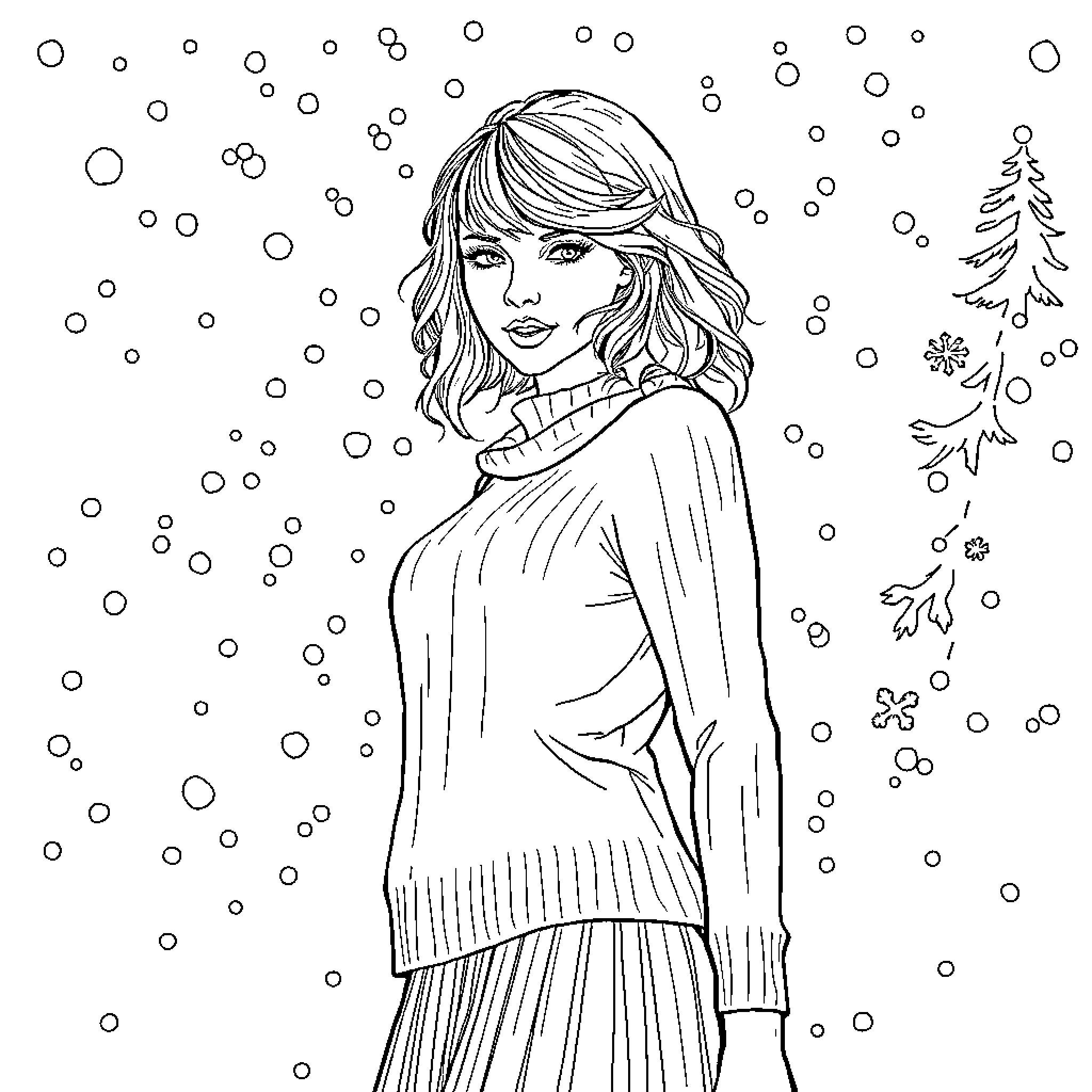 Taylor Swift in cozy winter attire surrounded by snowflakes Coloring Page (free black-and-white line drawing printable PDF for all, from beginners to advanced learners, including children, teens, adults, and seniors)