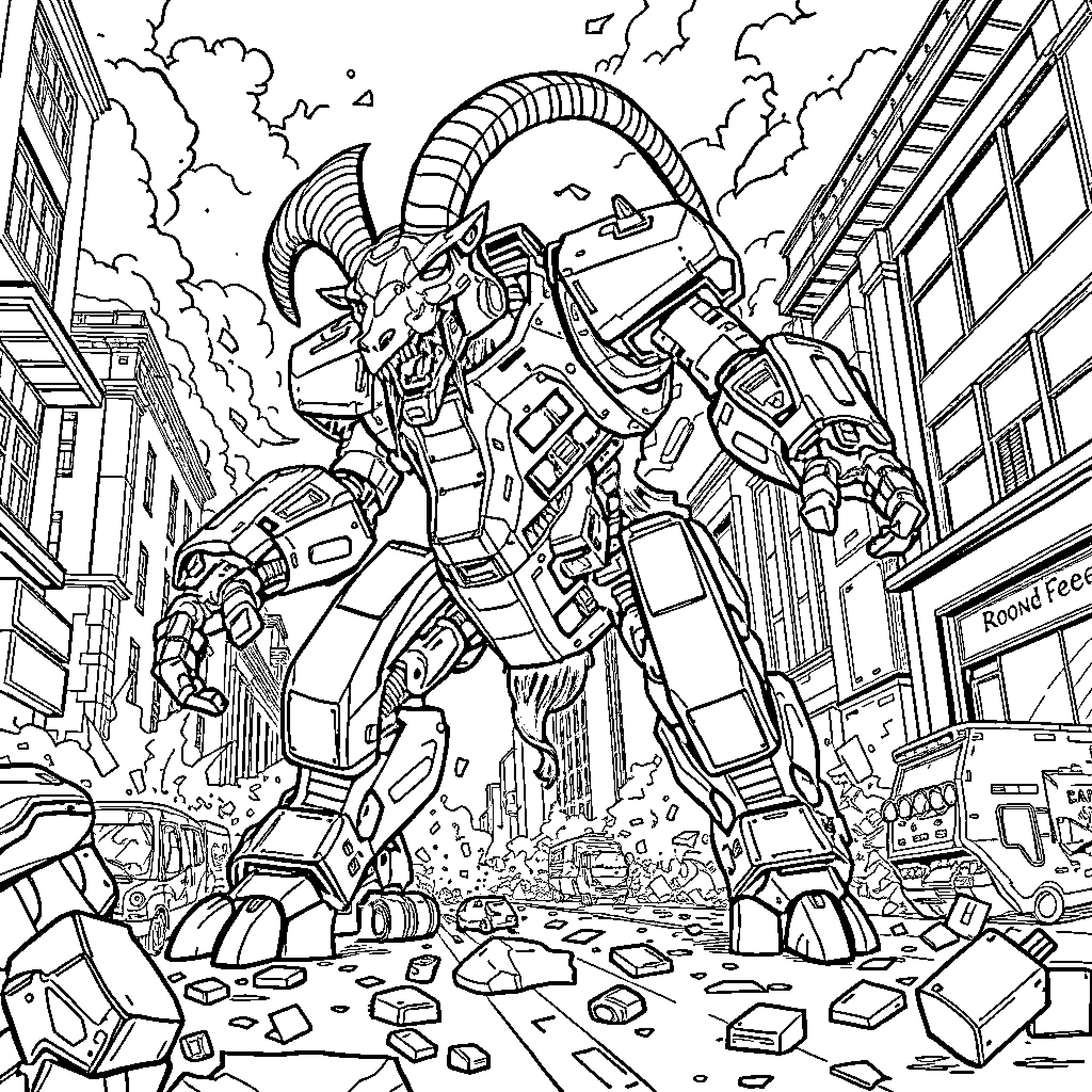 Robot Battles Amidst Cityscape Destruction Coloring Page (free black-and-white line drawing printable PDF for all, from beginners to advanced learners, including children, teens, adults, and seniors)