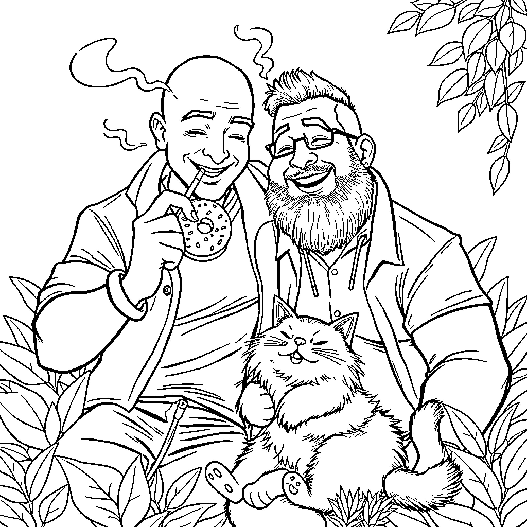Man in Conversation with Bearded Man and Cat in Nature Coloring Page (free black-and-white line drawing printable PDF for all, from beginners to advanced learners, including children, teens, adults, and seniors)