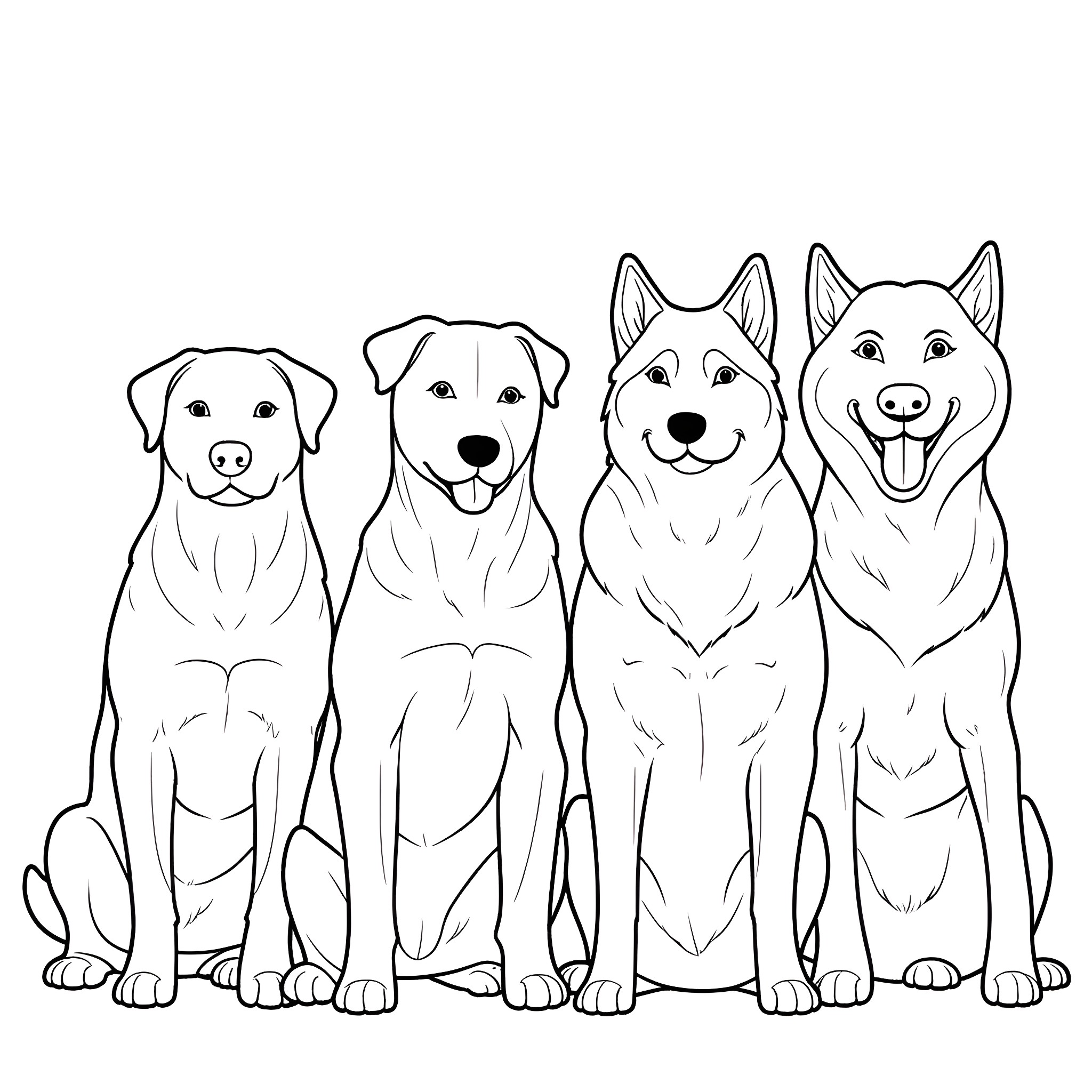 Dog friends posing happily together Coloring Page (free black-and-white line drawing printable PDF for all, from beginners to advanced learners, including children, teens, adults, and seniors)