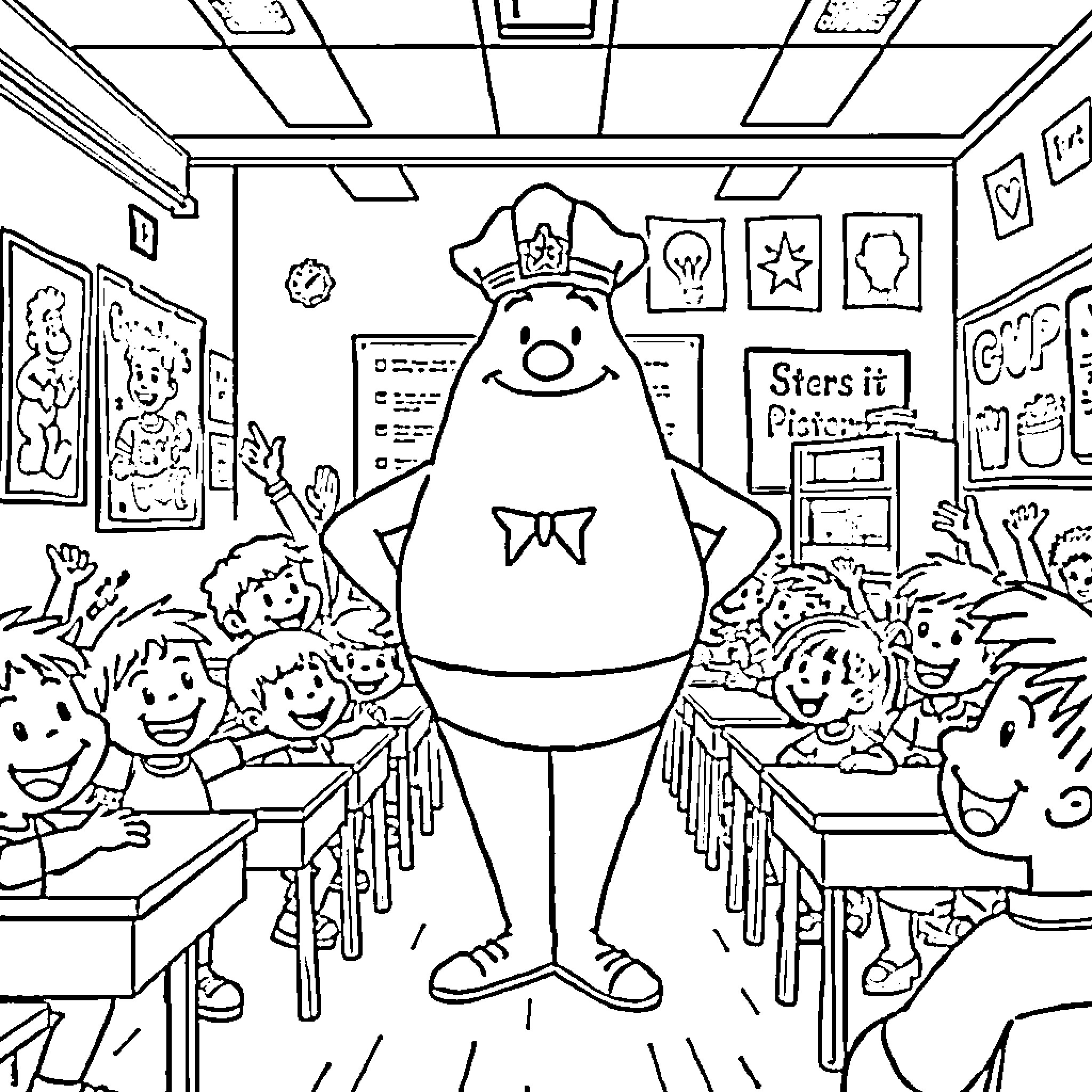 Captain Underpants Teaches Enthusiastic Students in Classroom Coloring Page (free black-and-white line drawing printable PDF for all, from beginners to advanced learners, including children, teens, adults, and seniors)