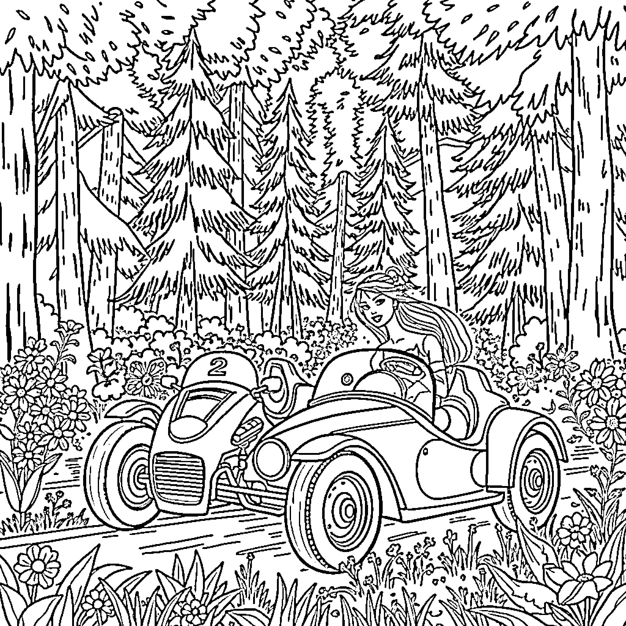 Barbie driving retro car through forest landscape Coloring Page (free black-and-white line drawing printable PDF for all, from beginners to advanced learners, including children, teens, adults, and seniors)