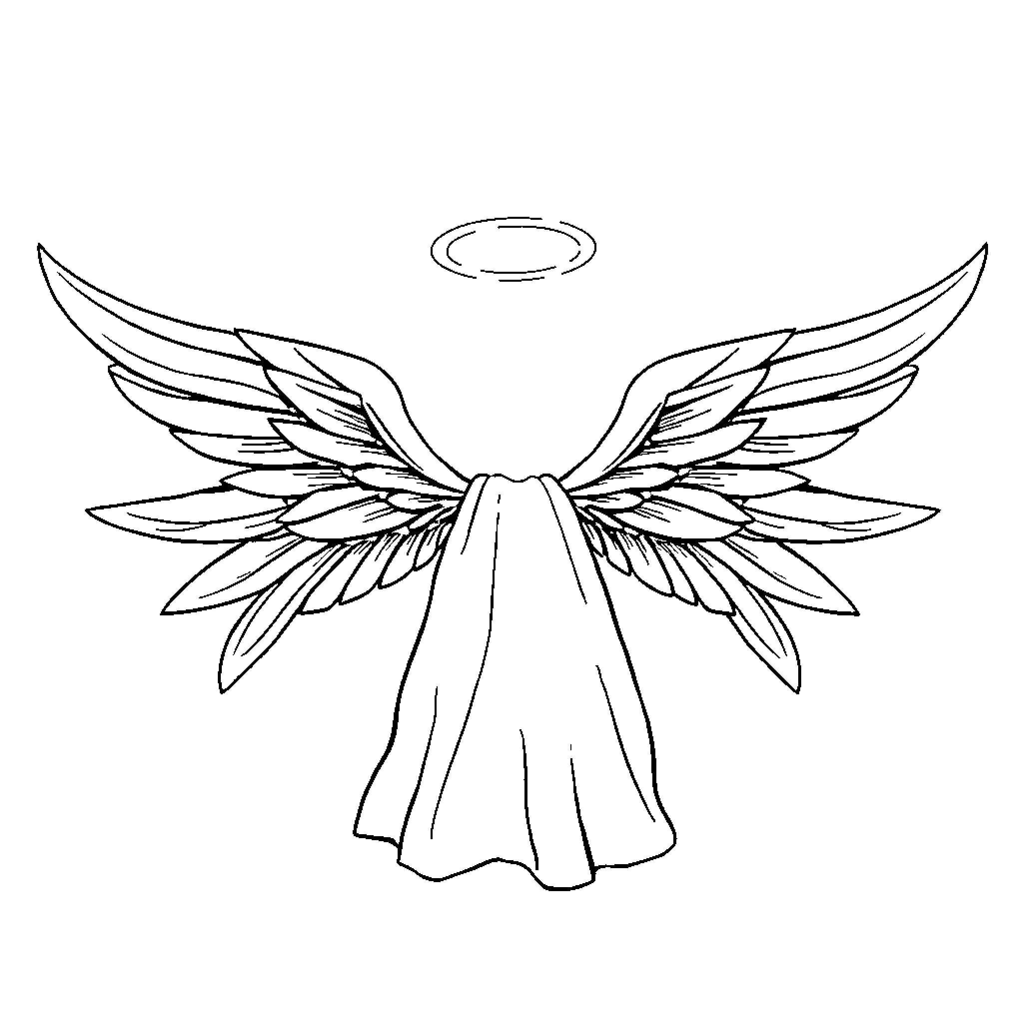 Angel with Outstretched Wings Coloring Page (free black-and-white line drawing printable PDF for all, from beginners to advanced learners, including children, teens, adults, and seniors)