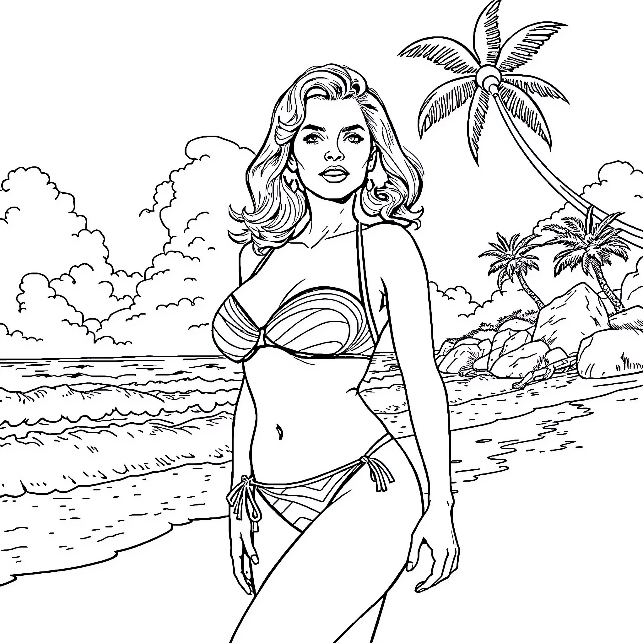 Peggy Carter enjoying a tropical beach scene Coloring Page (free black-and-white line drawing printable PDF for all, from beginners to advanced learners, including children, teens, adults, and seniors)