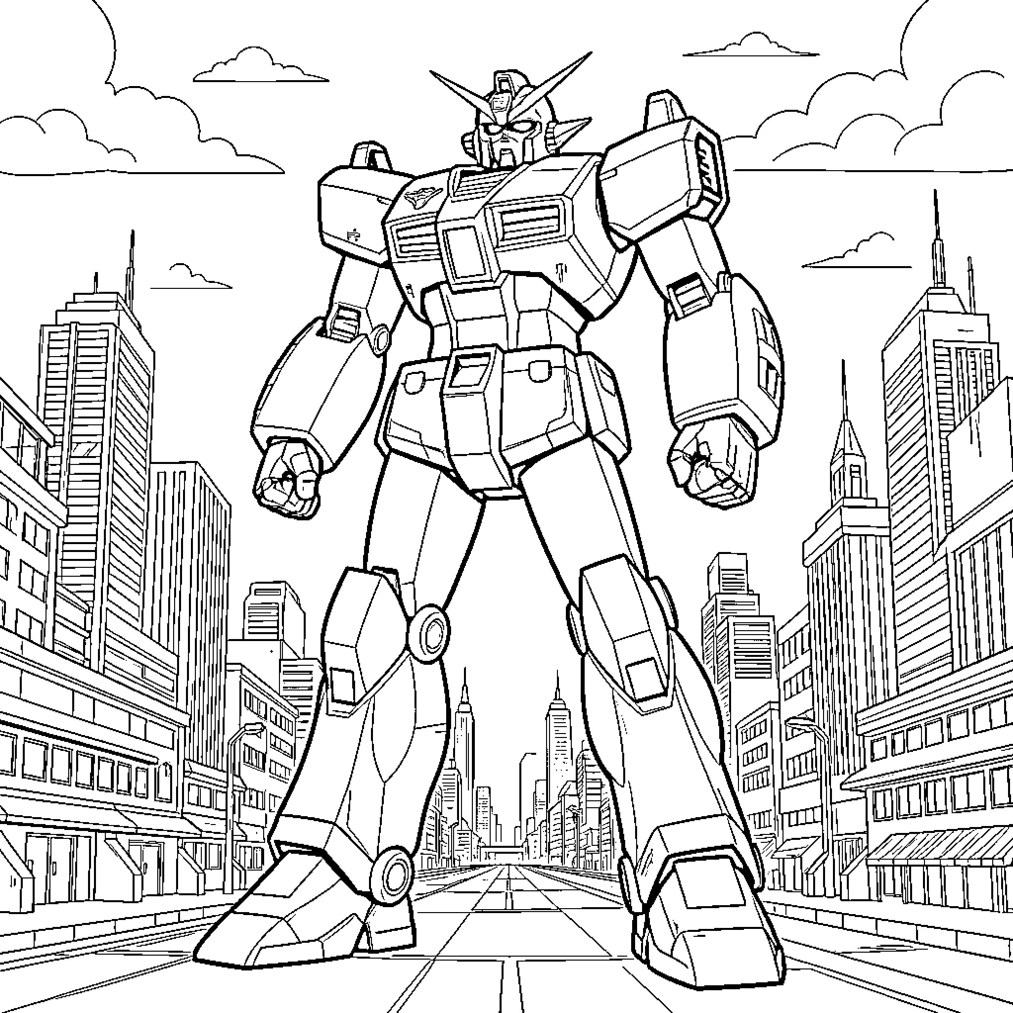 Goldorak standing majestically amidst a towering city skyline Coloring Page (free black-and-white line drawing printable PDF for all, from beginners to advanced learners, including children, teens, adults, and seniors)
