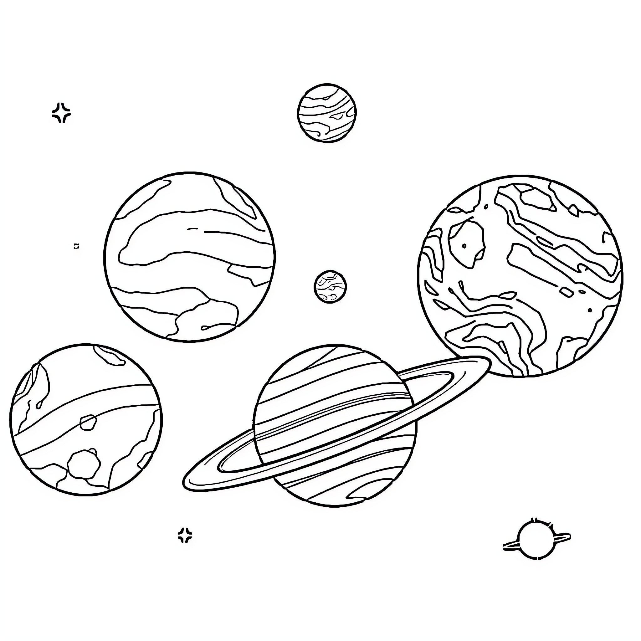 Planet Systems with Celestial Orbits Coloring Page (free black-and-white line drawing printable PDF for all, from beginners to advanced learners, including children, teens, adults, and seniors)