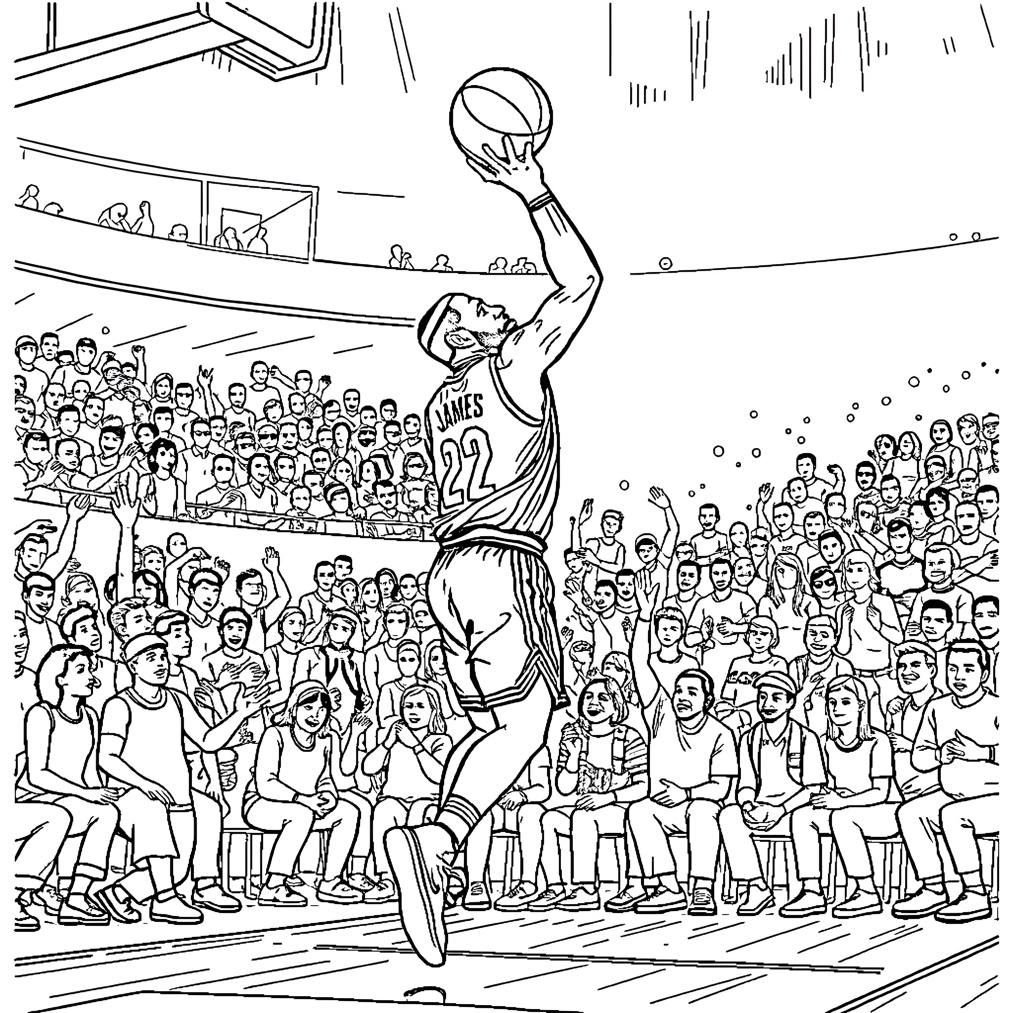 LeBron James Soaring Above the Cheering Crowd Coloring Page (free black-and-white line drawing printable PDF for all, from beginners to advanced learners, including children, teens, adults, and seniors)