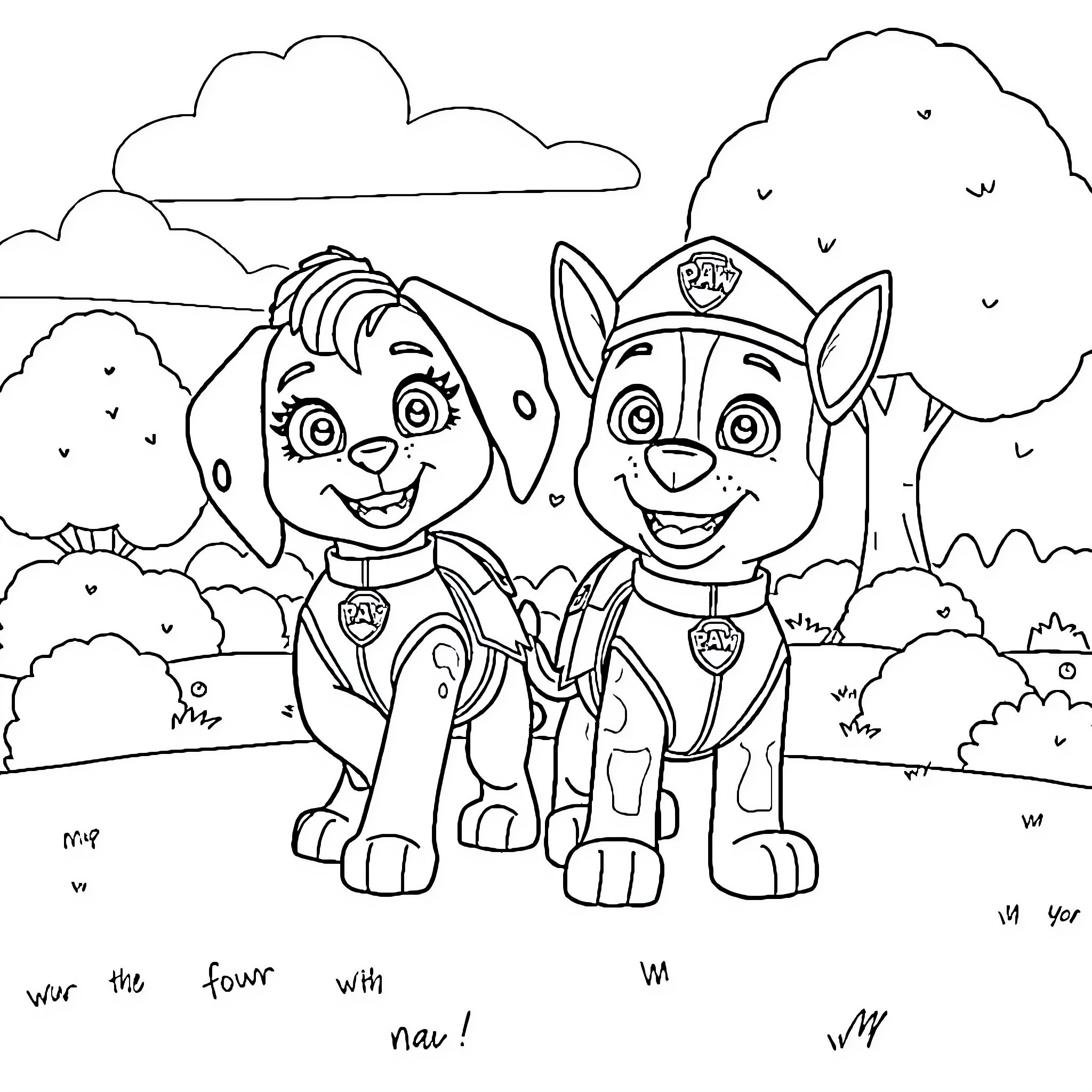 Paw Patrol puppies on an outdoor adventure Coloring Page (free black-and-white line drawing printable PDF for all, from beginners to advanced learners, including children, teens, adults, and seniors)
