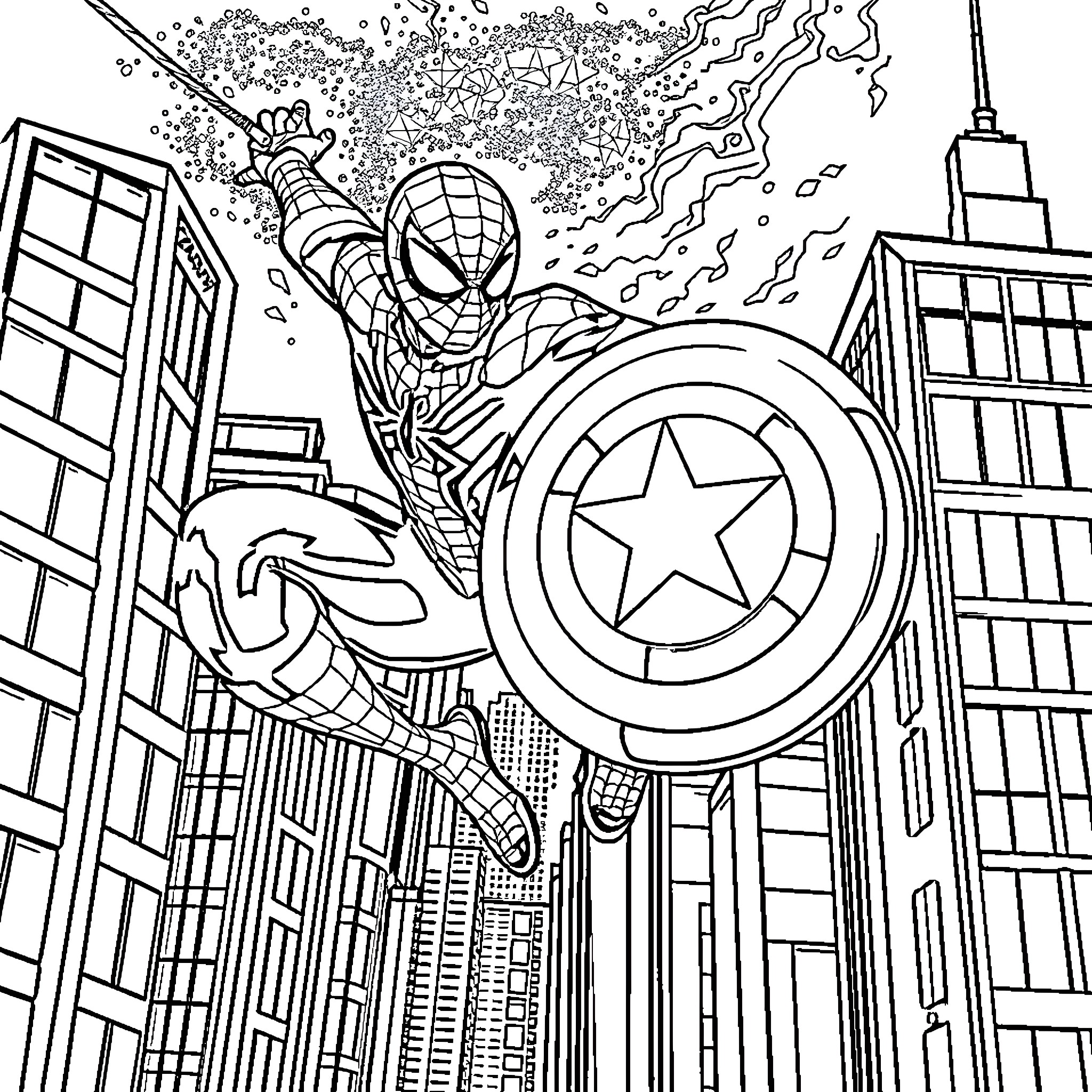 Spiderman swinging through the city with Captain America's shield Coloring Page (free black-and-white line drawing printable PDF for all, from beginners to advanced learners, including children, teens, adults, and seniors)