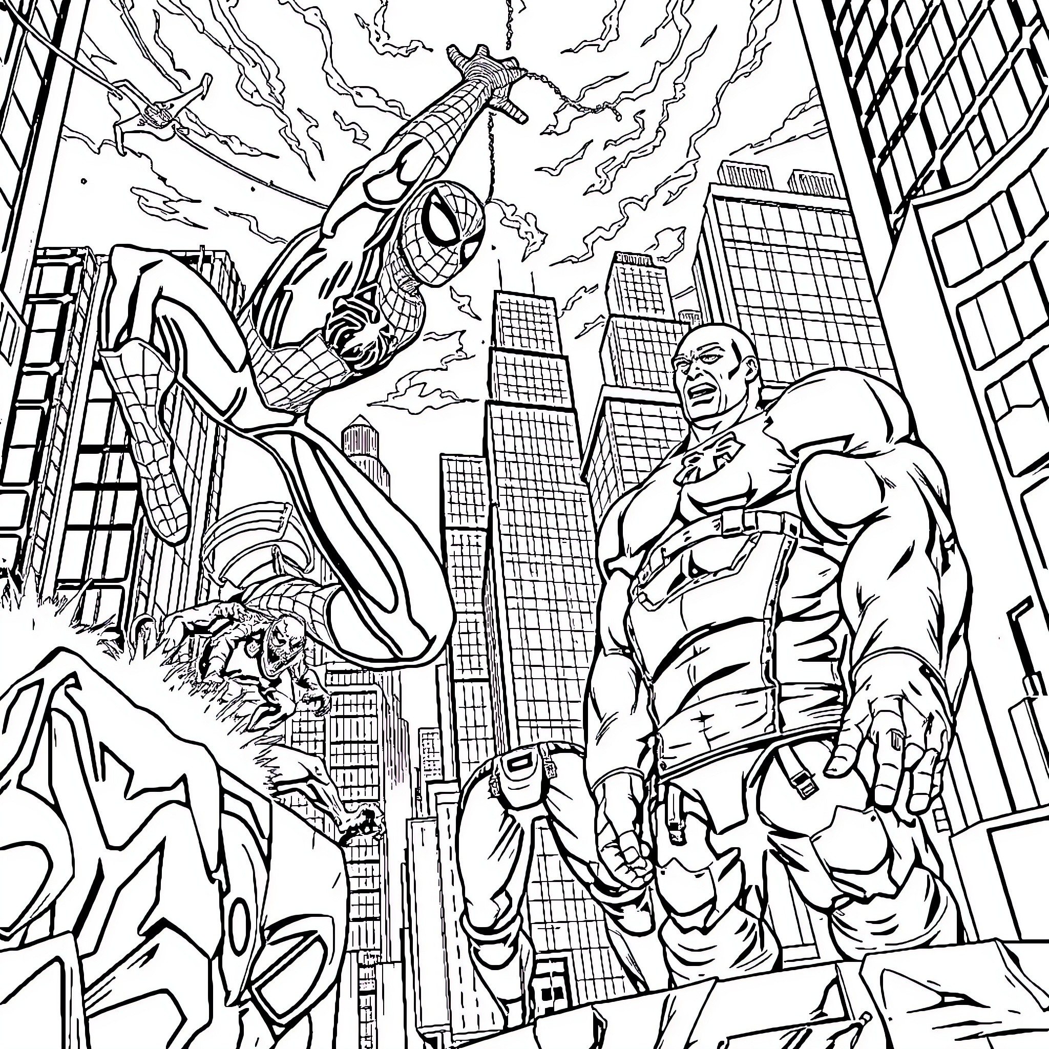 Spider-Man battles super-villain in city skyline Coloring Page (free black-and-white line drawing printable PDF for all, from beginners to advanced learners, including children, teens, adults, and seniors)