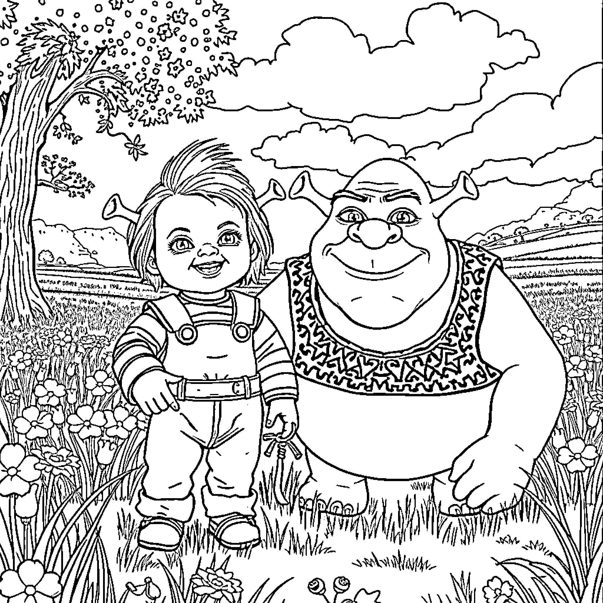 Chucky and his monstrous friend explore the enchanting forest Coloring Page (free black-and-white line drawing printable PDF for all, from beginners to advanced learners, including children, teens, adults, and seniors)