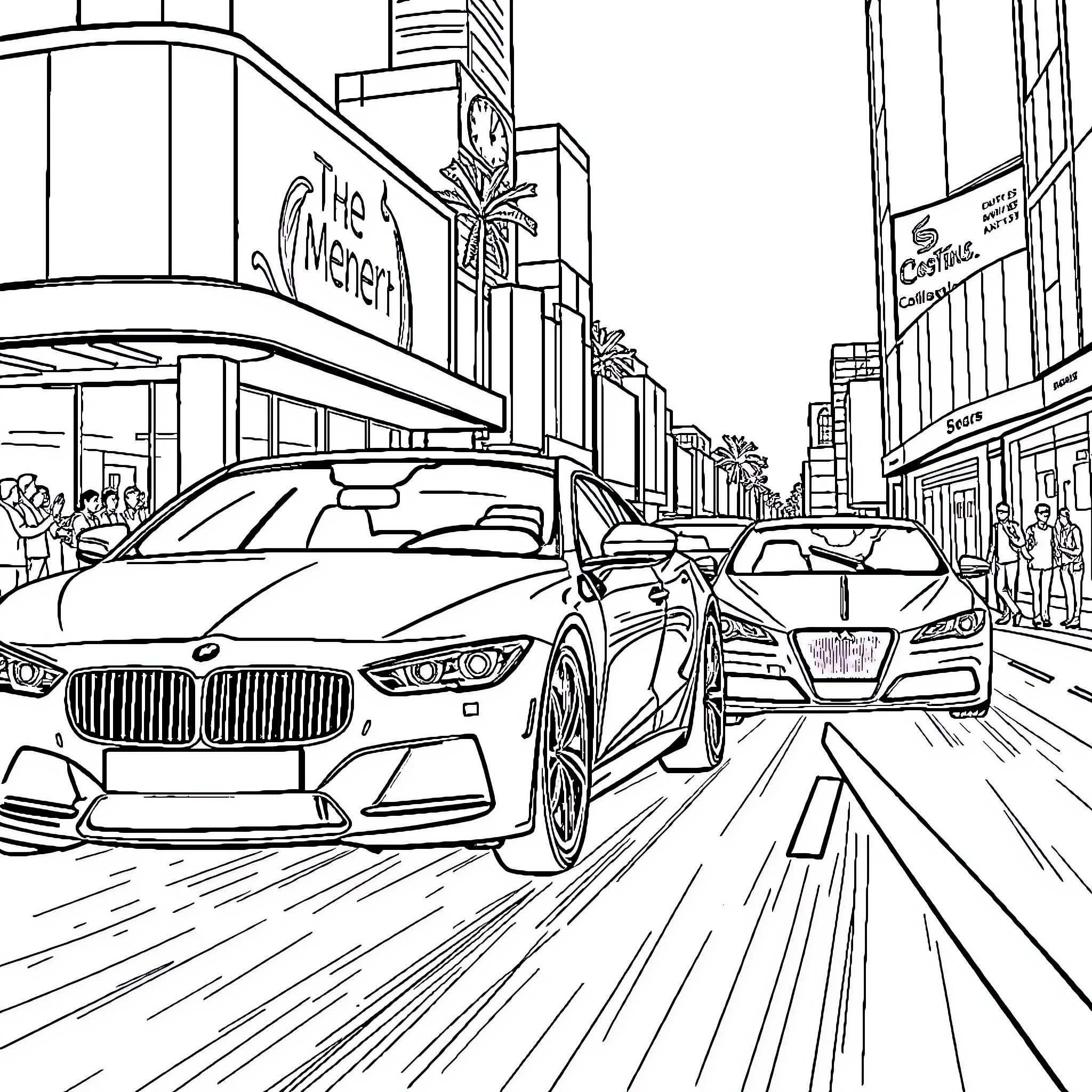 Vehicles speeding through busy urban city street Coloring Page (free black-and-white line drawing printable PDF for all, from beginners to advanced learners, including children, teens, adults, and seniors)
