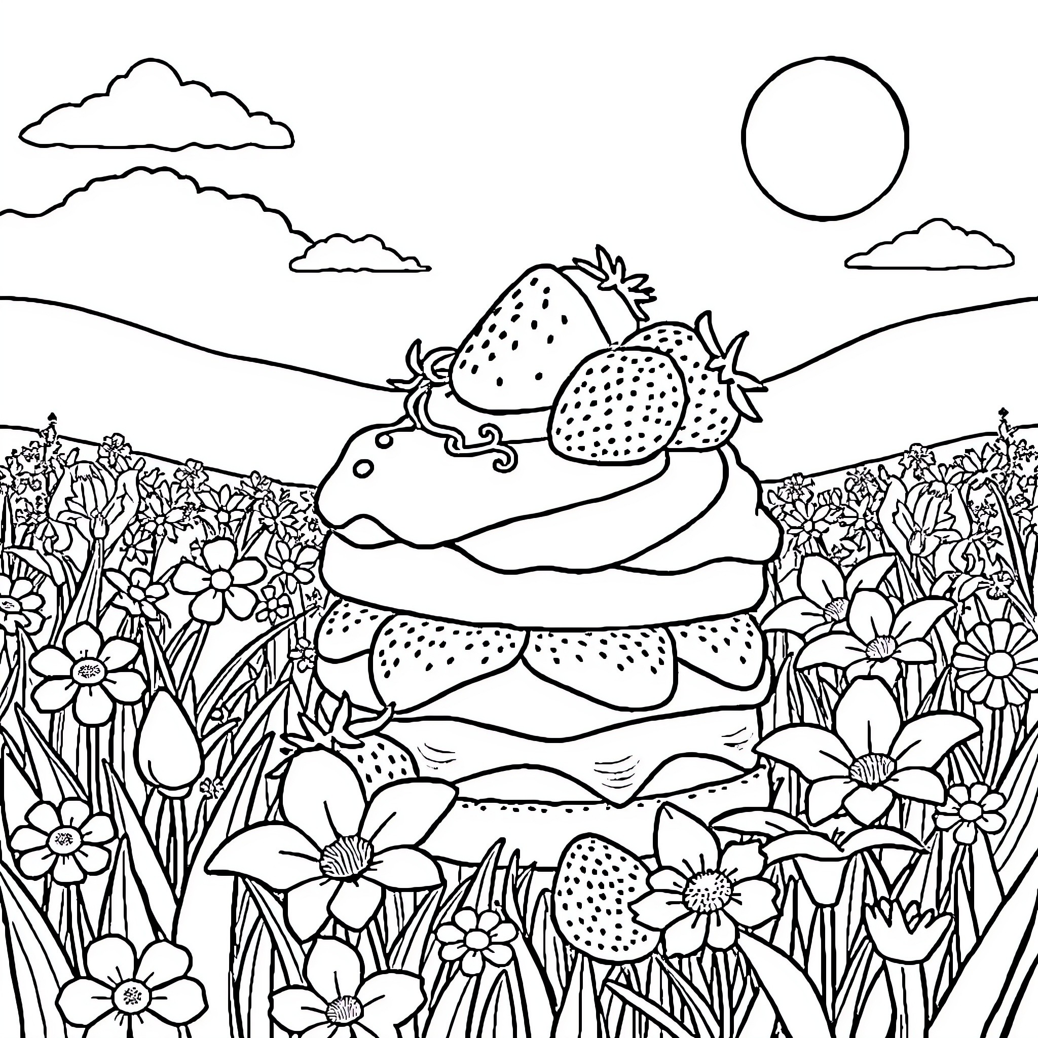 Strawberry Dessert in a Floral Landscape Coloring Page (free black-and-white line drawing printable PDF for all, from beginners to advanced learners, including children, teens, adults, and seniors)