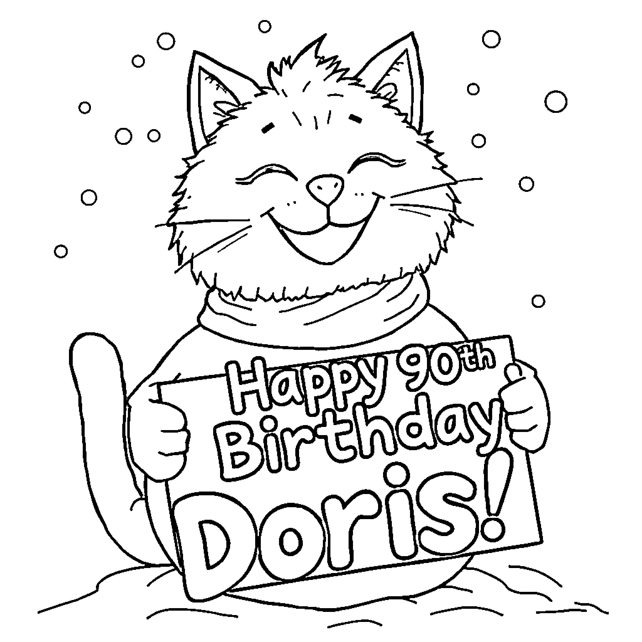 Snowman cat celebrates happy 90th birthday Coloring Page (free black-and-white line drawing printable PDF for all, from beginners to advanced learners, including children, teens, adults, and seniors)