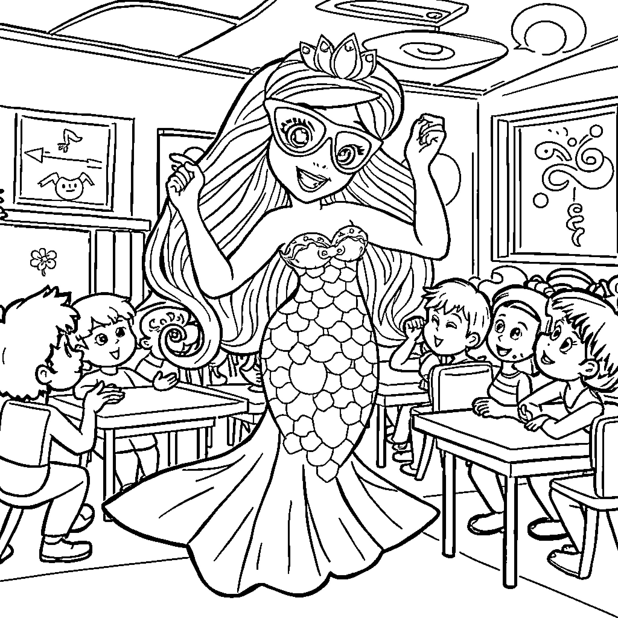 Mermaid Princess Delighting Children in Classroom Coloring Page (free black-and-white line drawing printable PDF for all, from beginners to advanced learners, including children, teens, adults, and seniors)