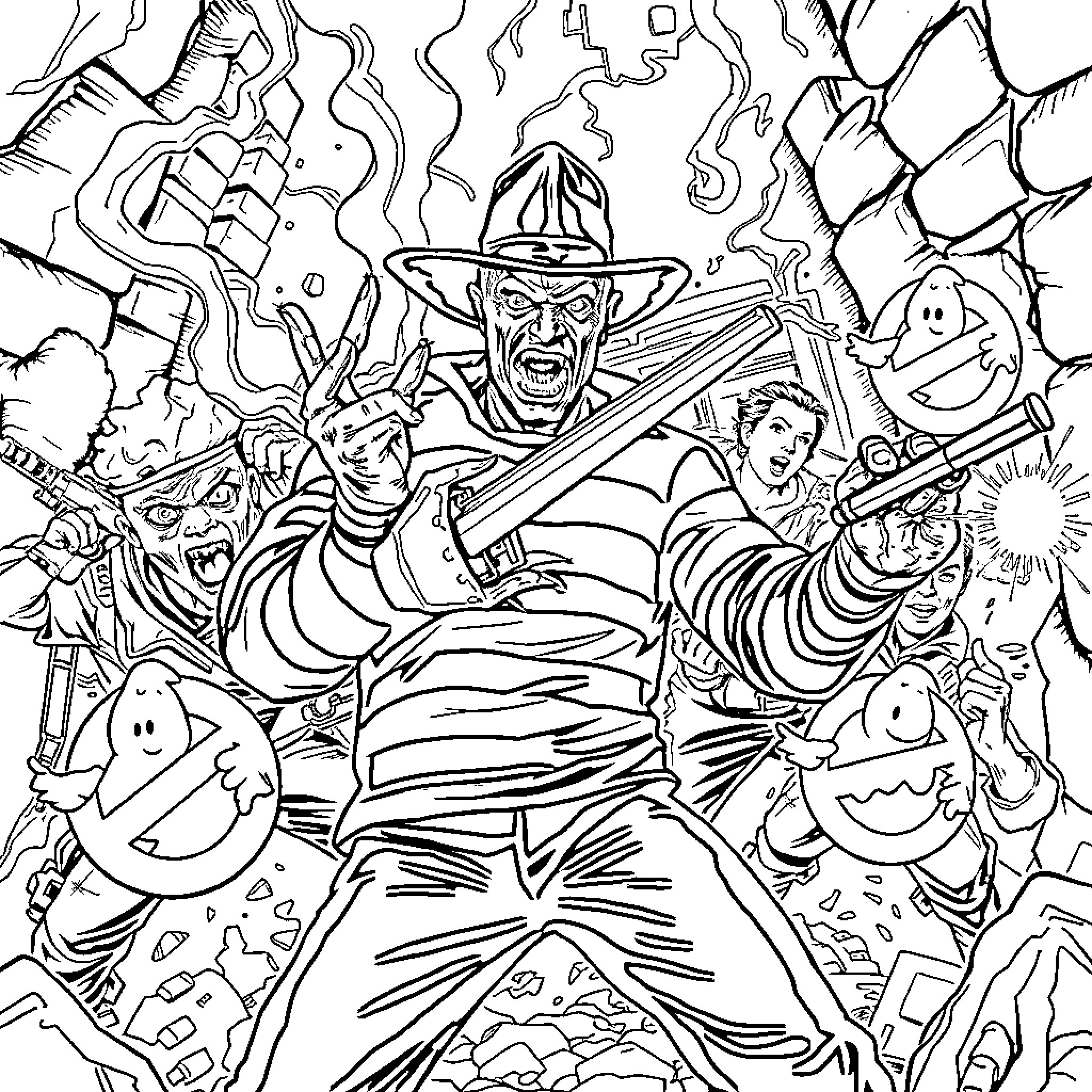 Freddy Krueger's Terrifying Encounter with Ghostly Figures Coloring Page (free black-and-white line drawing printable PDF for all, from beginners to advanced learners, including children, teens, adults, and seniors)