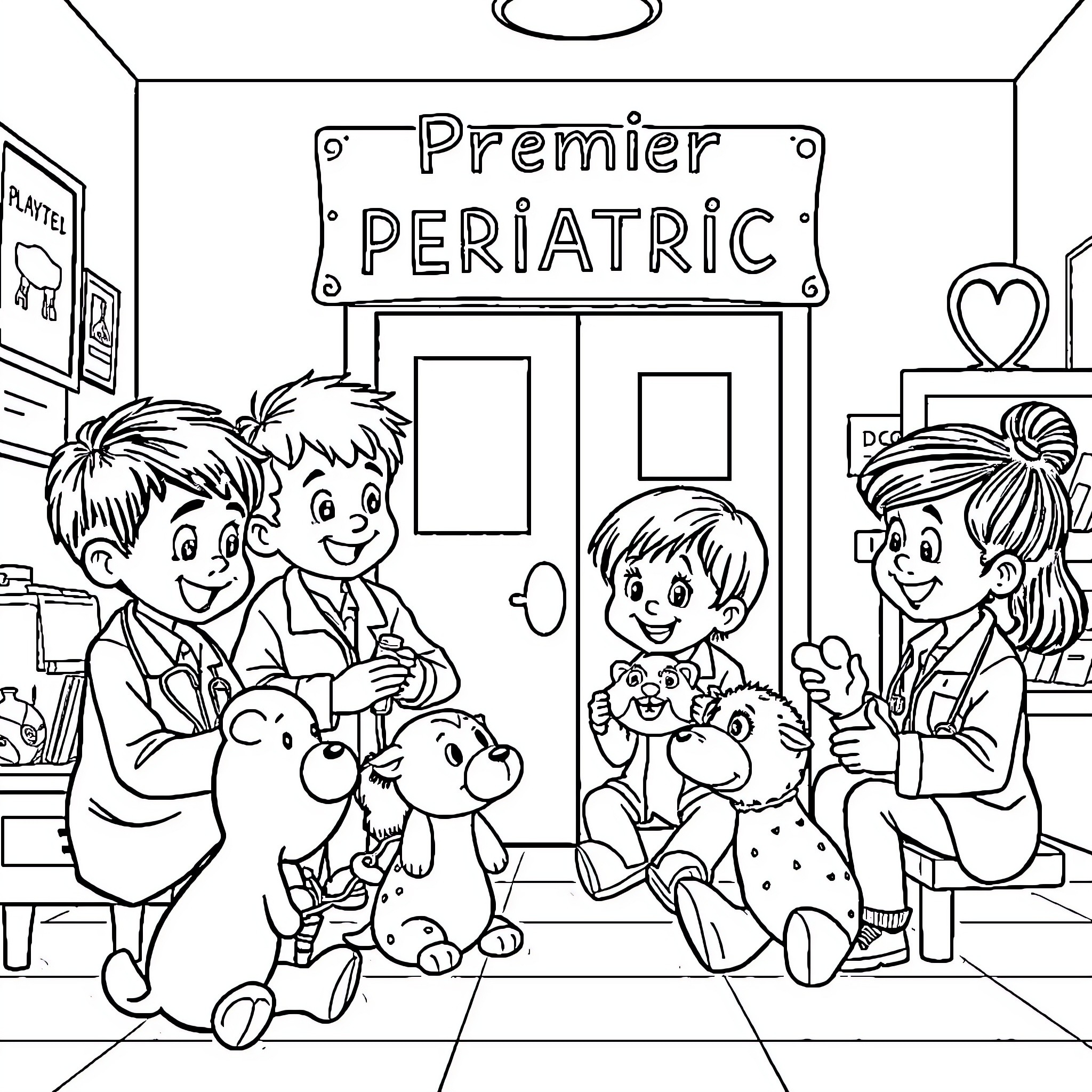 Children at a Premier Pediatric Clinic Coloring Page (free black-and-white line drawing printable PDF for all, from beginners to advanced learners, including children, teens, adults, and seniors)