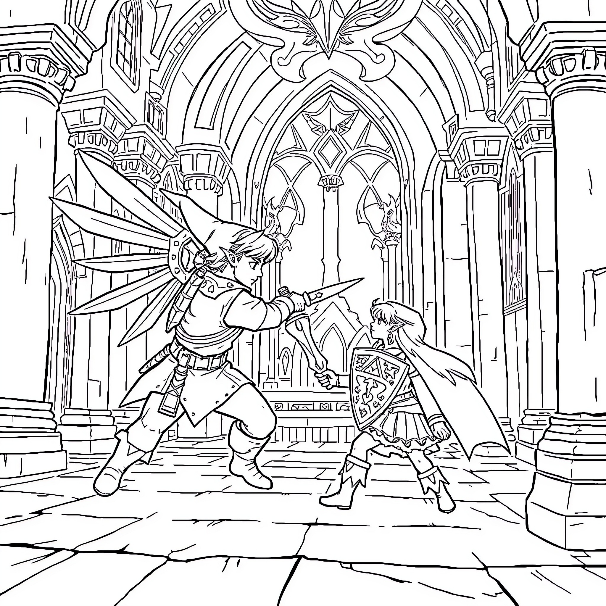 Link battling opponent in magical temple Coloring Page (free black-and-white line drawing printable PDF for all, from beginners to advanced learners, including children, teens, adults, and seniors)