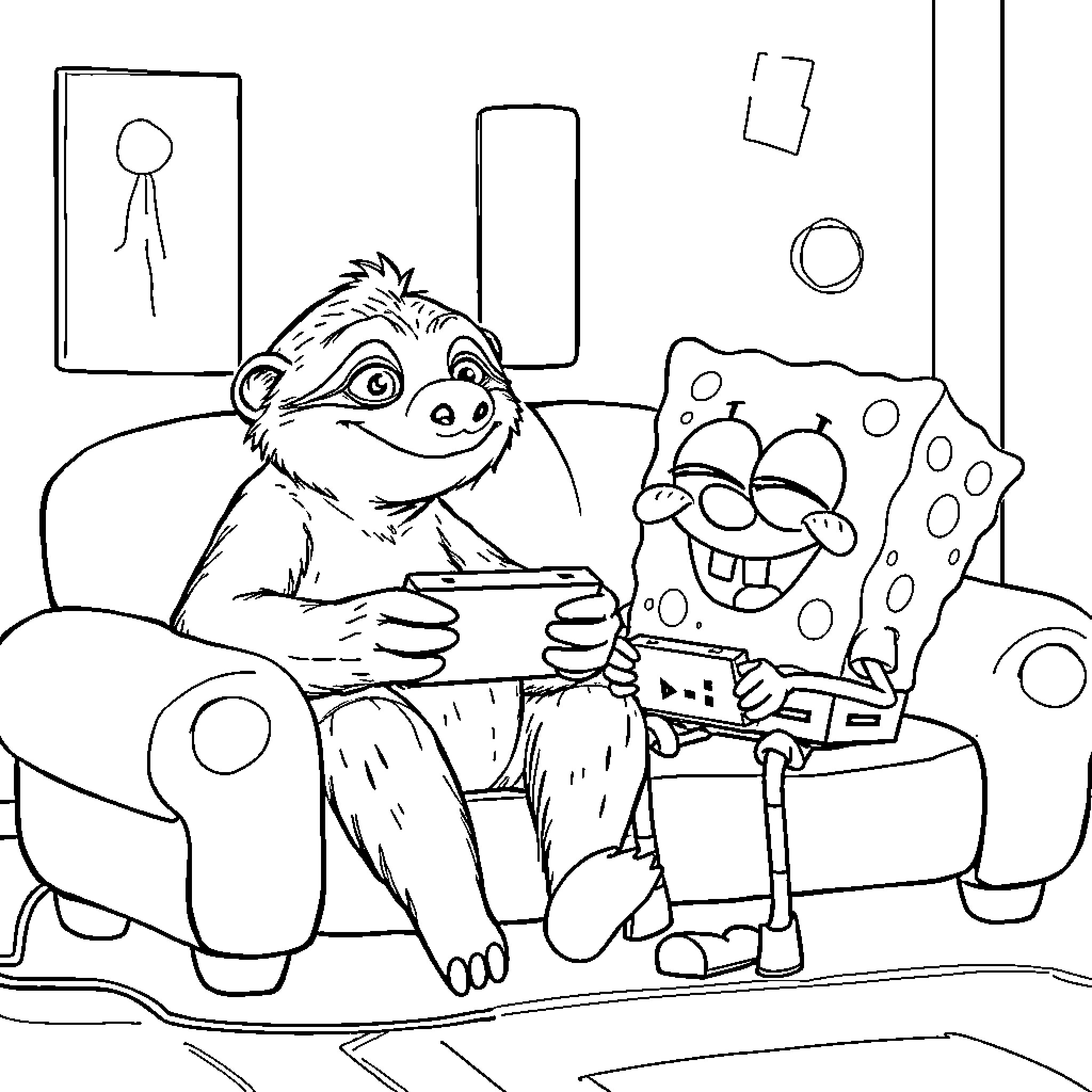 Sid's Gaming Adventure with Robot Companion Coloring Page (free black-and-white line drawing printable PDF for all, from beginners to advanced learners, including children, teens, adults, and seniors)