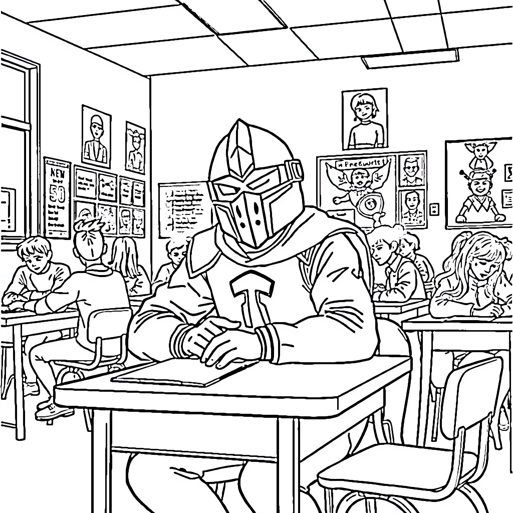 Knight teaching students in a classroom Coloring Page (free black-and-white line drawing printable PDF for all, from beginners to advanced learners, including children, teens, adults, and seniors)