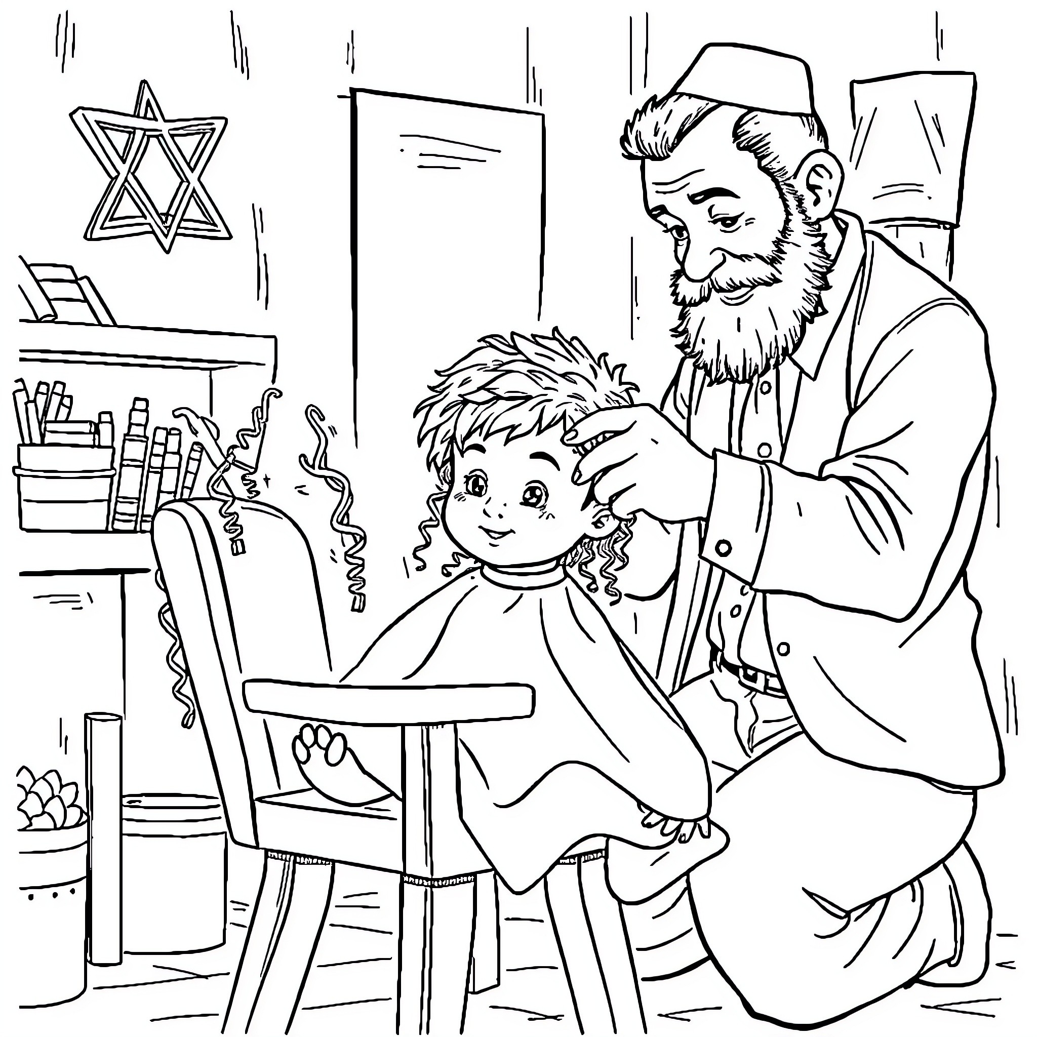 Boy receiving a haircut from an Orthodox Jewish man Coloring Page (free black-and-white line drawing printable PDF for all, from beginners to advanced learners, including children, teens, adults, and seniors)