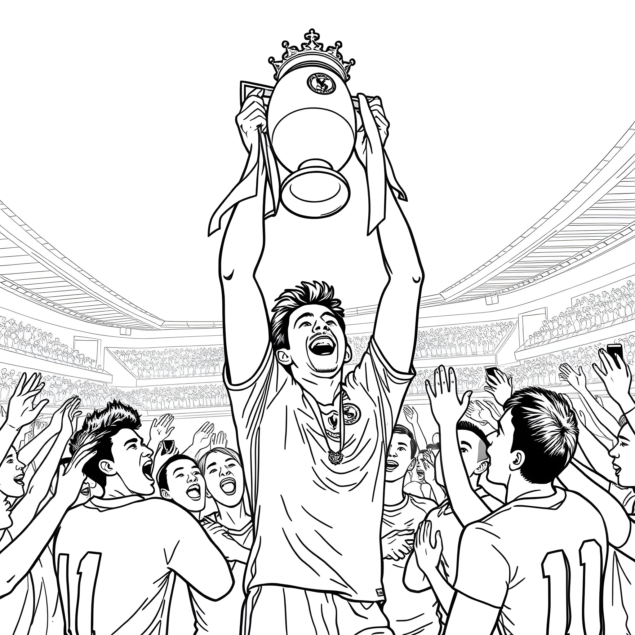 Darwin Nunez celebrating trophy win with team Coloring Page (free black-and-white line drawing printable PDF for all, from beginners to advanced learners, including children, teens, adults, and seniors)