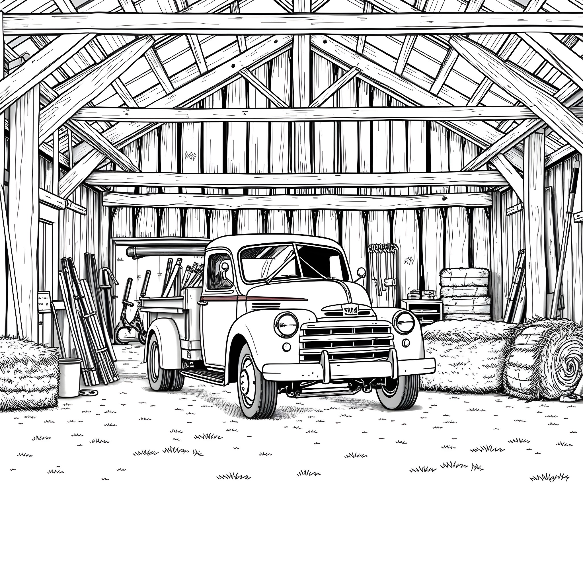 Truck parked in rustic barn with various tools Coloring Page (free black-and-white line drawing printable PDF for all, from beginners to advanced learners, including children, teens, adults, and seniors)