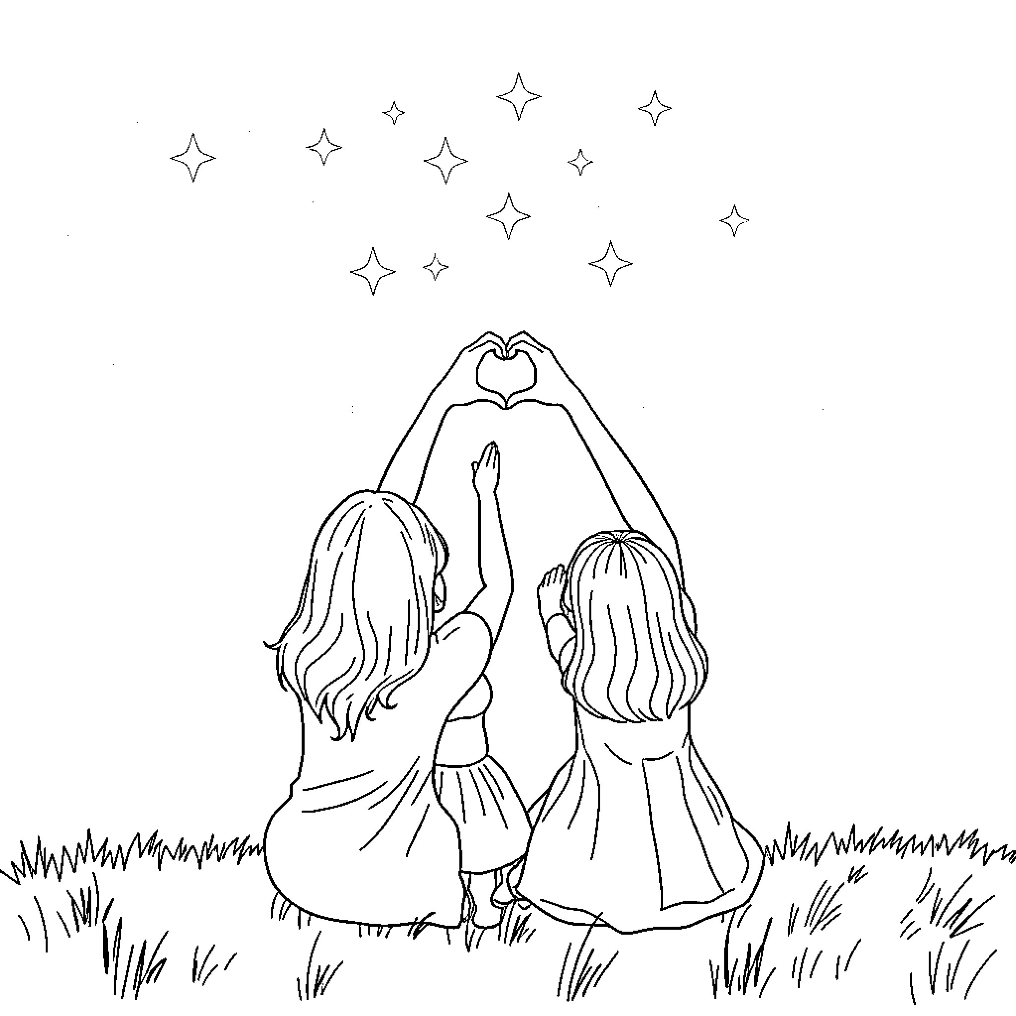 Mom and Daughter Gazing at Starry Night Sky Coloring Page (free black-and-white line drawing printable PDF for all, from beginners to advanced learners, including children, teens, adults, and seniors)