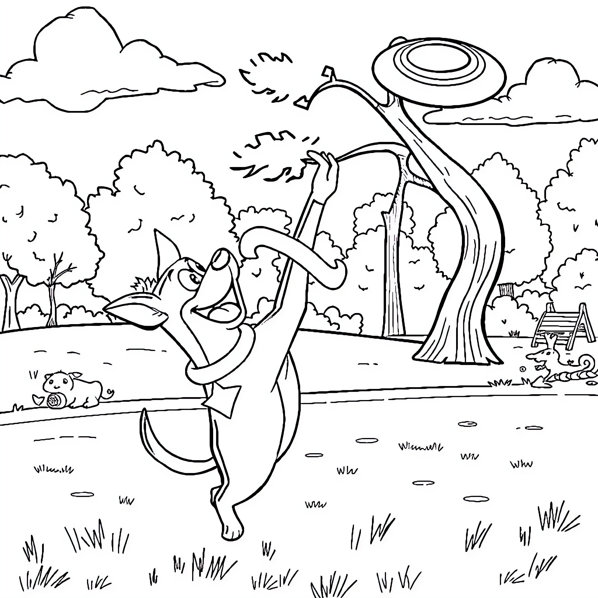 Krypto playing joyfully in the outdoor scene Coloring Page (free black-and-white line drawing printable PDF for all, from beginners to advanced learners, including children, teens, adults, and seniors)