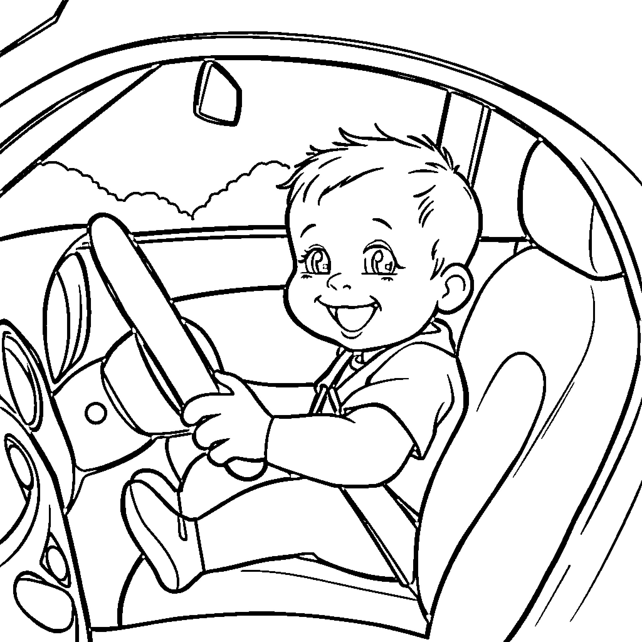 Baby driving happily in car Coloring Page (free black-and-white line drawing printable PDF for all, from beginners to advanced learners, including children, teens, adults, and seniors)