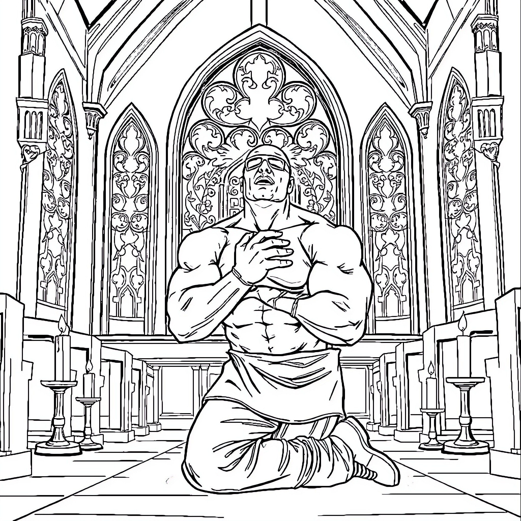 Hulk Hogan praying in a grand cathedral Coloring Page (free black-and-white line drawing printable PDF for all, from beginners to advanced learners, including children, teens, adults, and seniors)