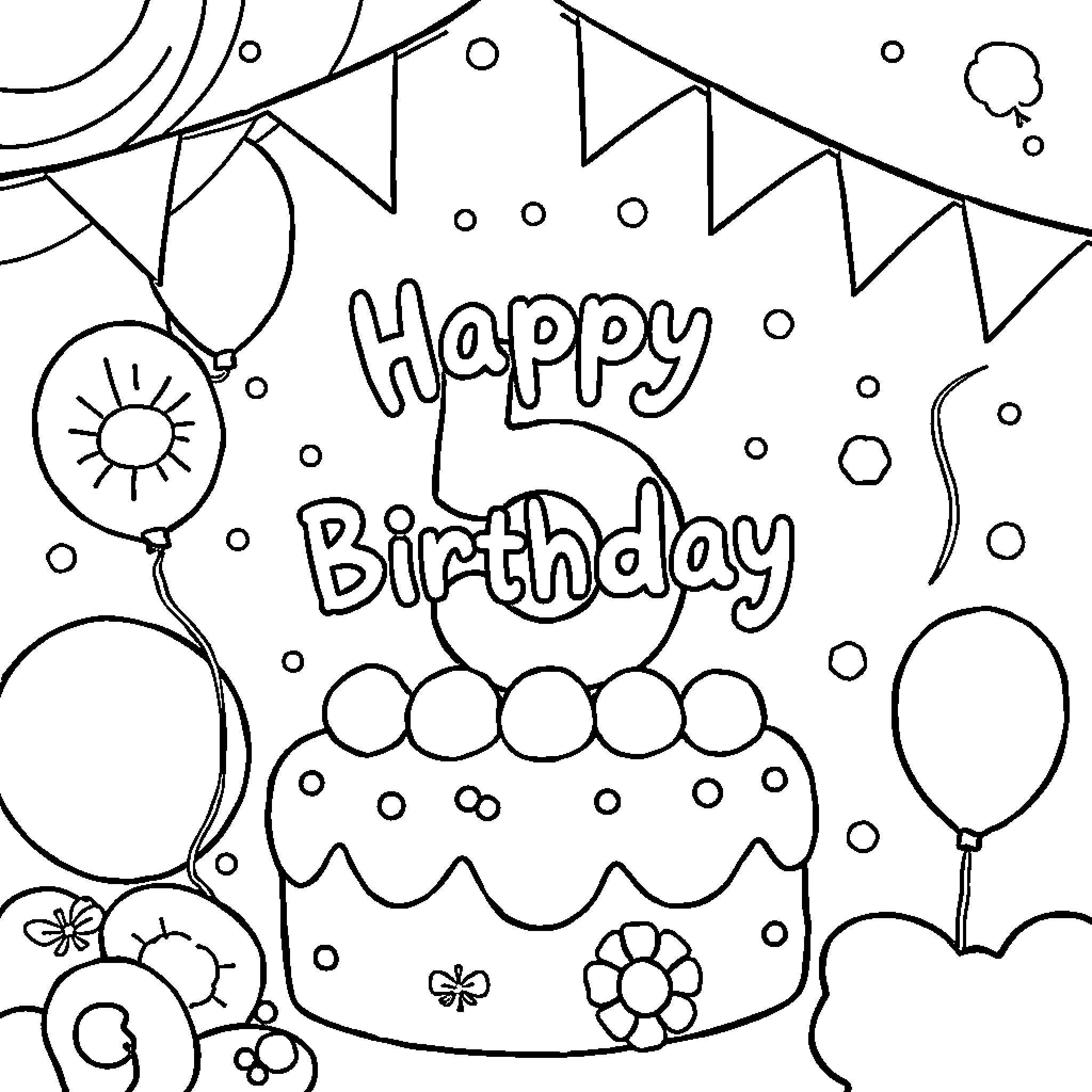 Birthday Invitation with Cake, Balloons, and Party Decorations Coloring Page (free black-and-white line drawing printable PDF for all, from beginners to advanced learners, including children, teens, adults, and seniors)