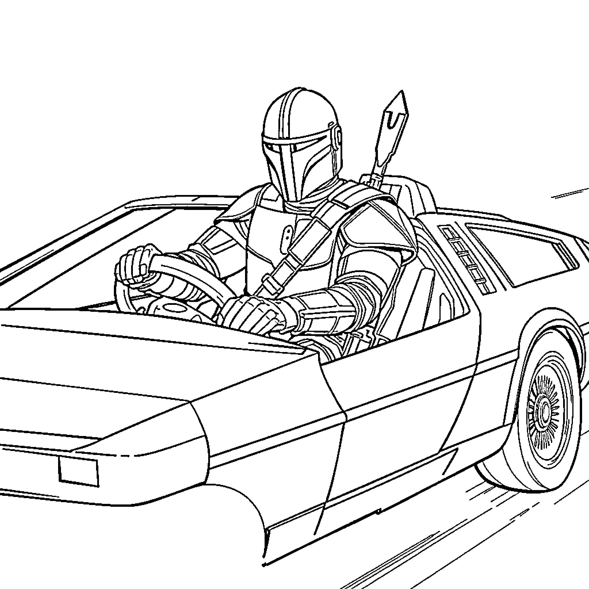 Mandalorian warrior in futuristic vehicle Coloring Page (free black-and-white line drawing printable PDF for all, from beginners to advanced learners, including children, teens, adults, and seniors)