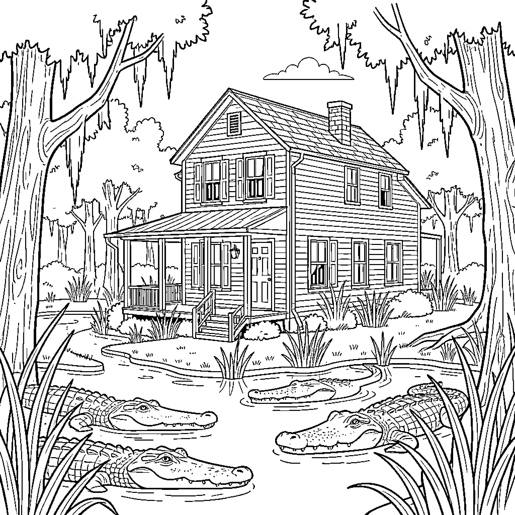 Alligator swimming in a pond near a house Coloring Page (free black-and-white line drawing printable PDF for all, from beginners to advanced learners, including children, teens, adults, and seniors)
